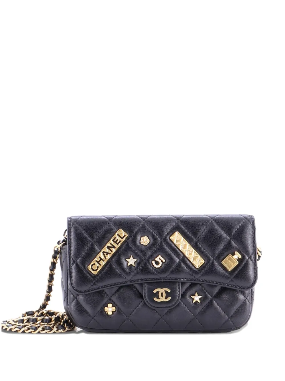 Pre-owned Chanel Lucky Charms Classic Flap Phone Holder With Chain Quilted Lambskin Crossbody Bag In Black