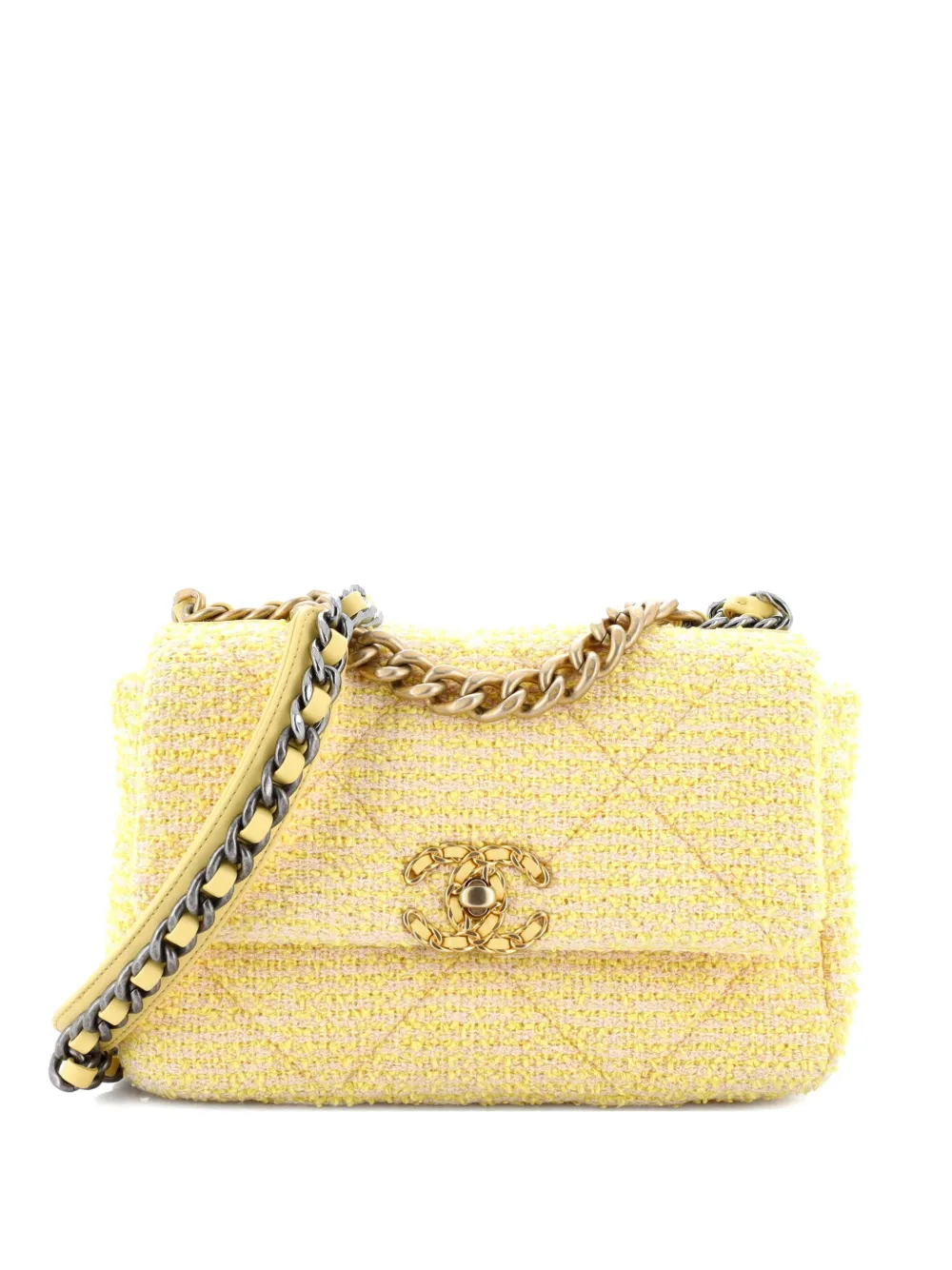 Pre-owned Chanel 19 Flap Bag Quilted Tweed Medium Crossbody Bag In Yellow