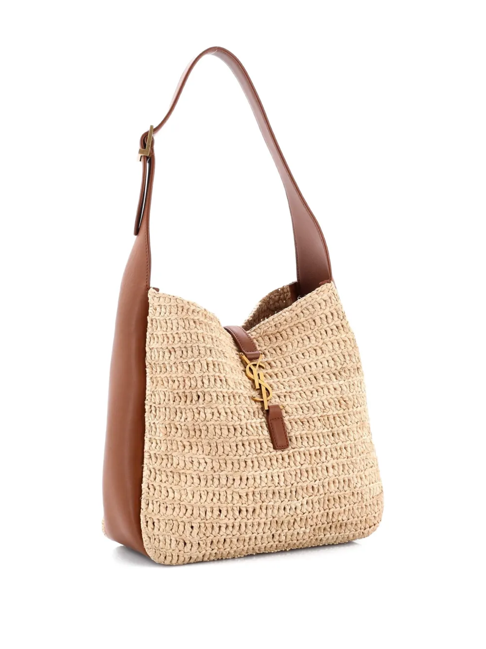 SAINT LAURENT Pre-owned Le 5 A 7 Supple Hobo Raffia And Leather Small Tote Bag In Brown