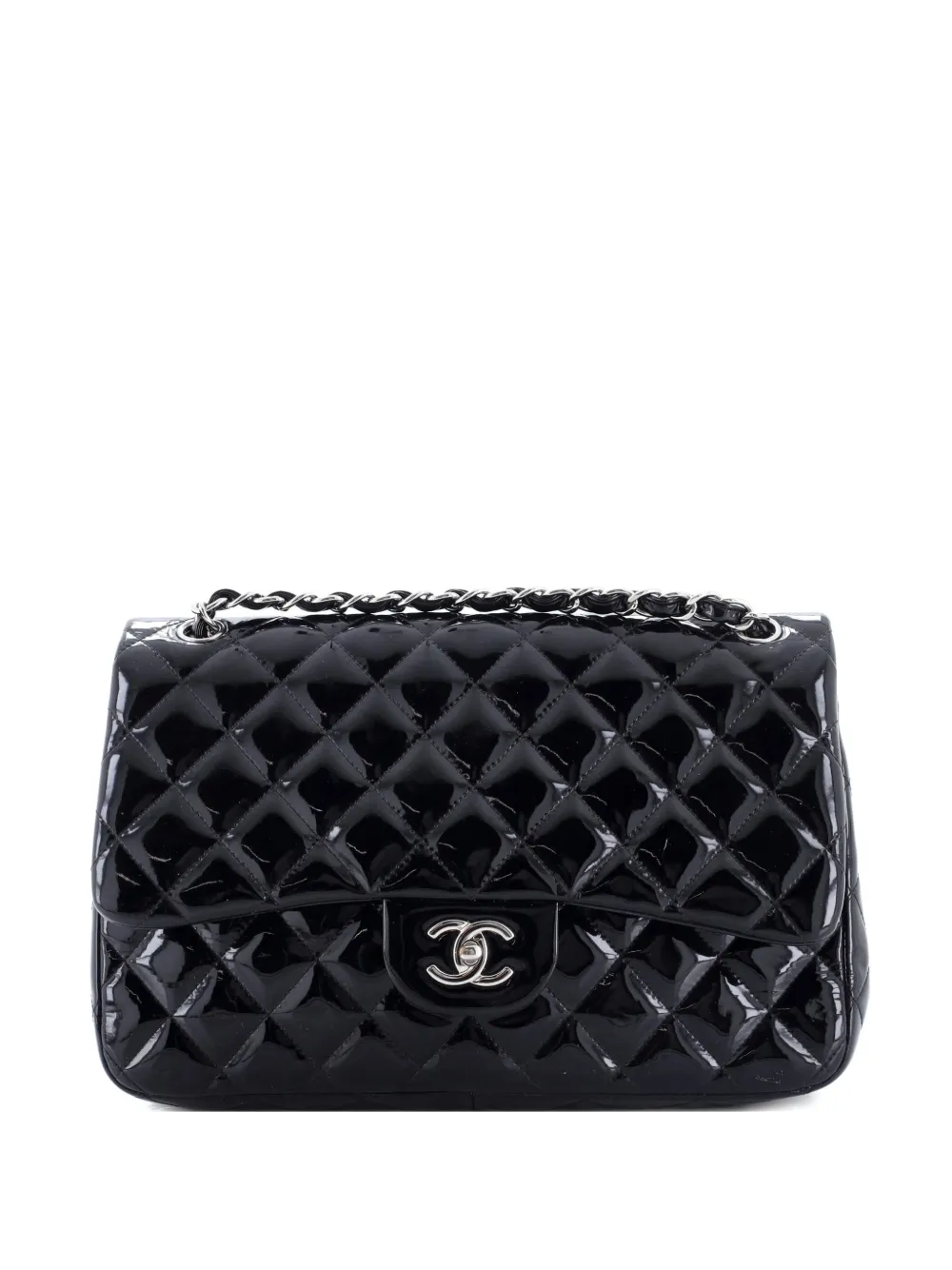 Pre-owned Chanel Classic Double Flap Bag Quilted Patent Jumbo Shoulder Bag In Black