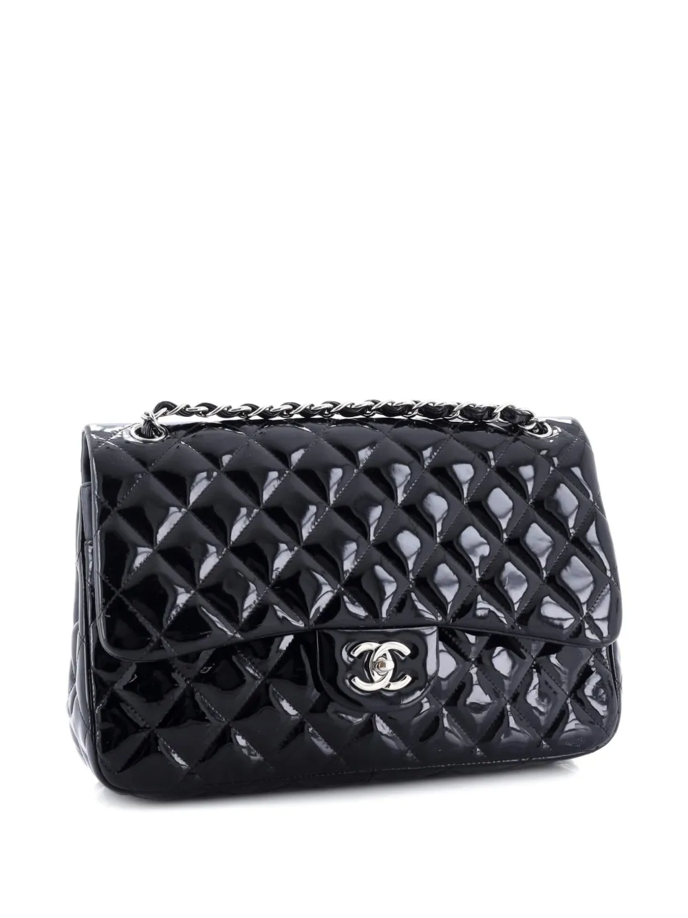 Pre-owned Chanel Classic Double Flap Bag Quilted Patent Jumbo Shoulder Bag In Black