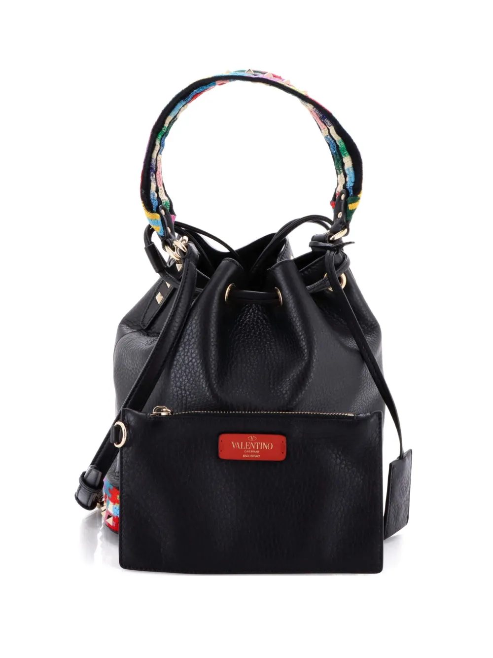 Pre-owned Valentino Garavani Geo Leather With Embroidered Detail Bucket Bag In Black