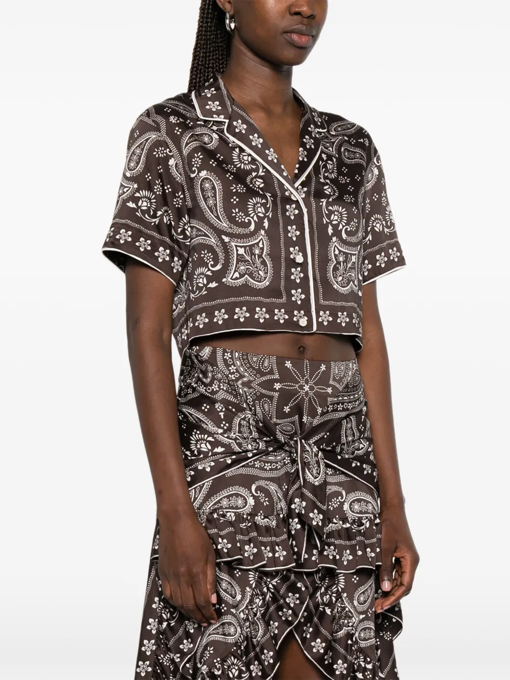 SANDRO Cropped Bandana Print Shirt | Brown | FARFETCH JO