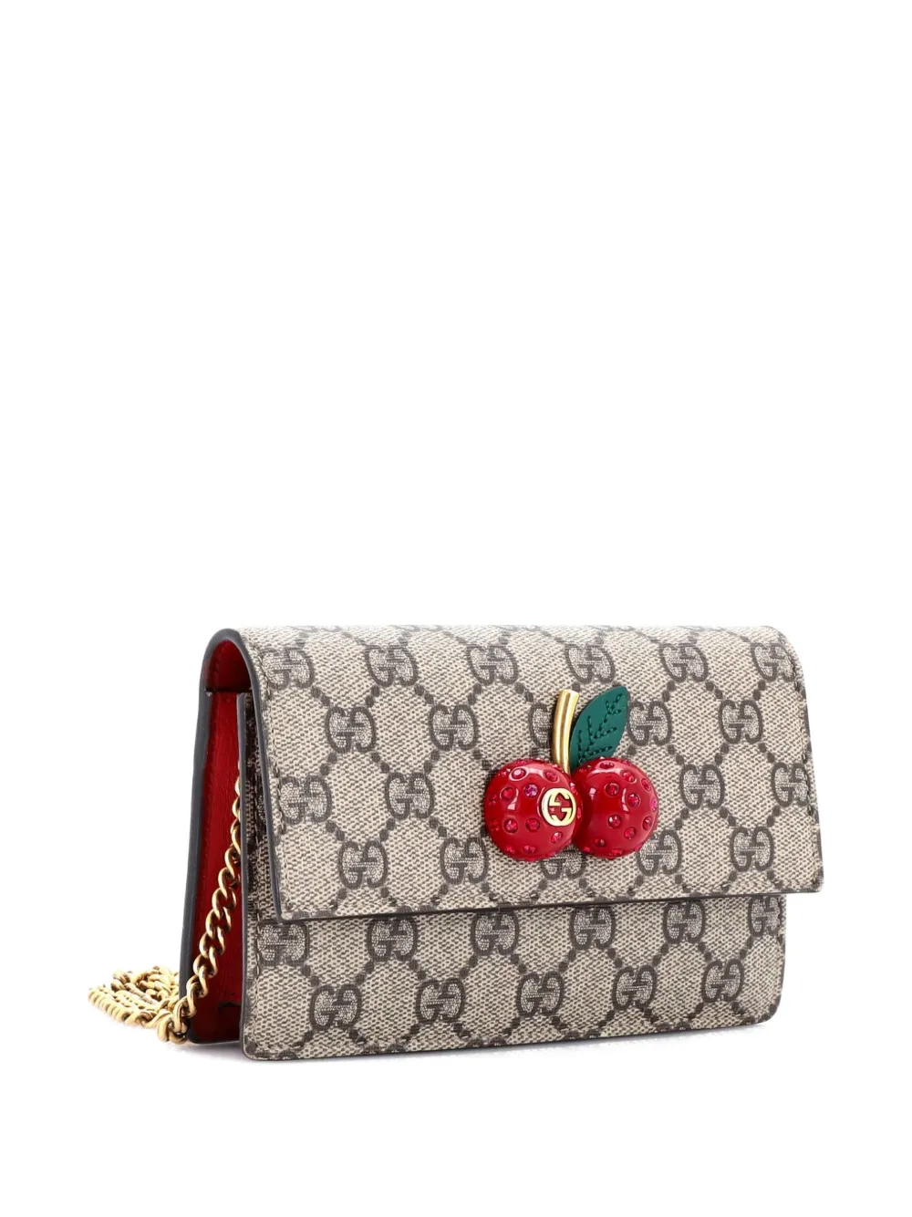 GUCCI Pre-owned Cherries Wallet On Chain Gg Coated Canvas Mini Crossbody Bag In Brown