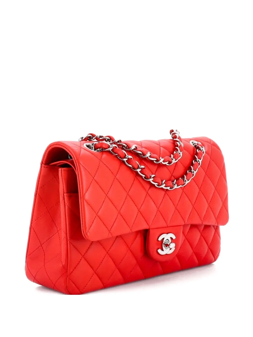 Pre-owned Chanel Classic Double Flap Bag Quilted Lambskin Medium Shoulder Bag In Red