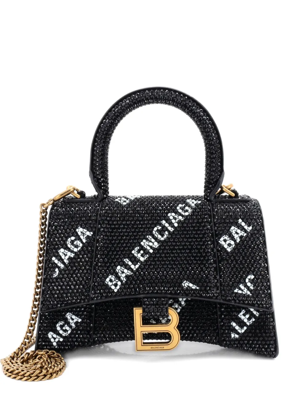 Pre-owned Balenciaga Hourglass Top Handle Bag Suede And Allover Logo Crystals Xs Satchel In Black