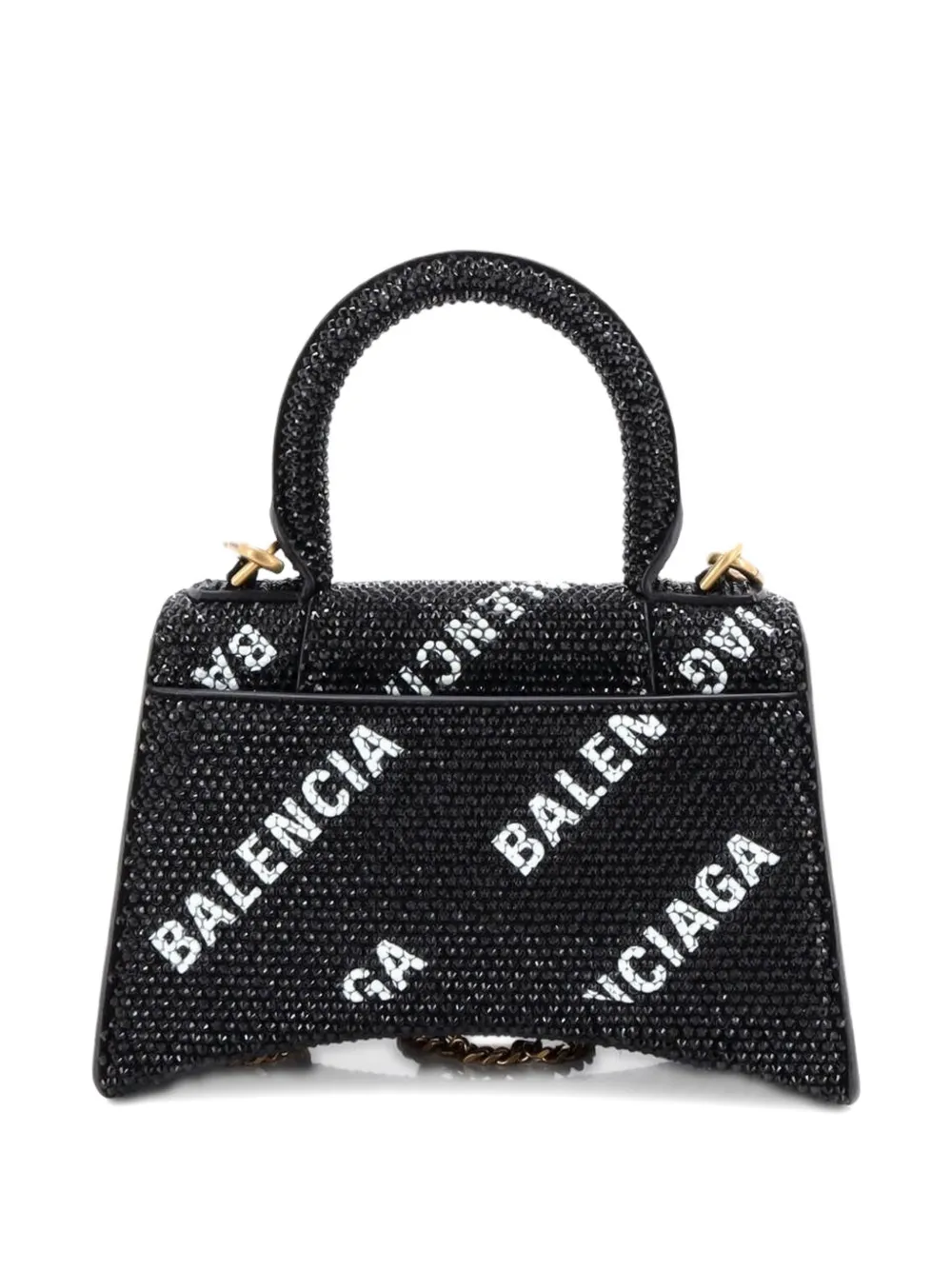 Pre-owned Balenciaga Hourglass Top Handle Bag Suede And Allover Logo Crystals Xs Satchel In Black