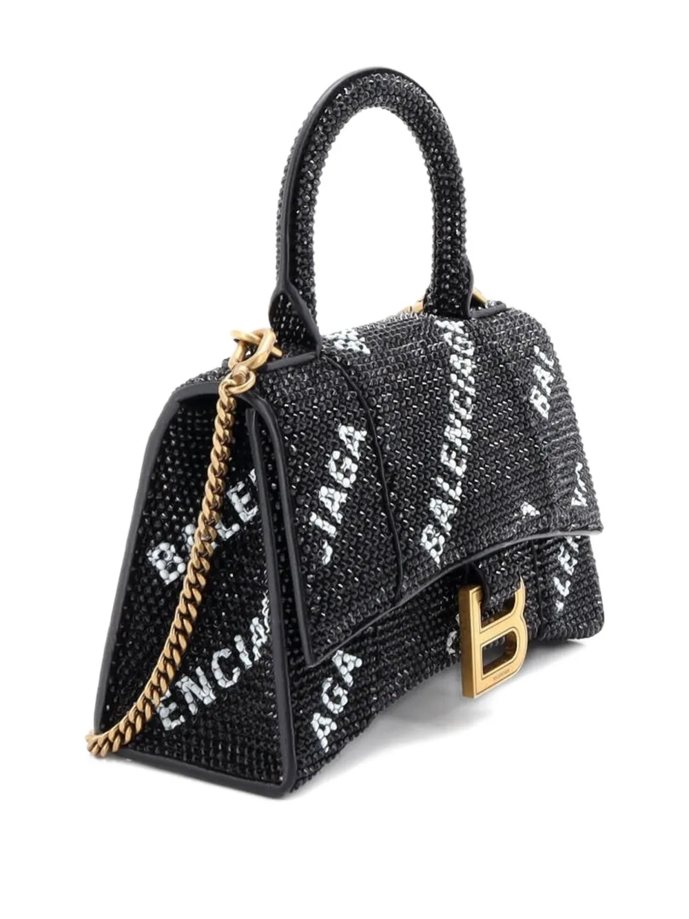 Pre-owned Balenciaga Hourglass Top Handle Bag Suede And Allover Logo Crystals Xs Satchel In Black