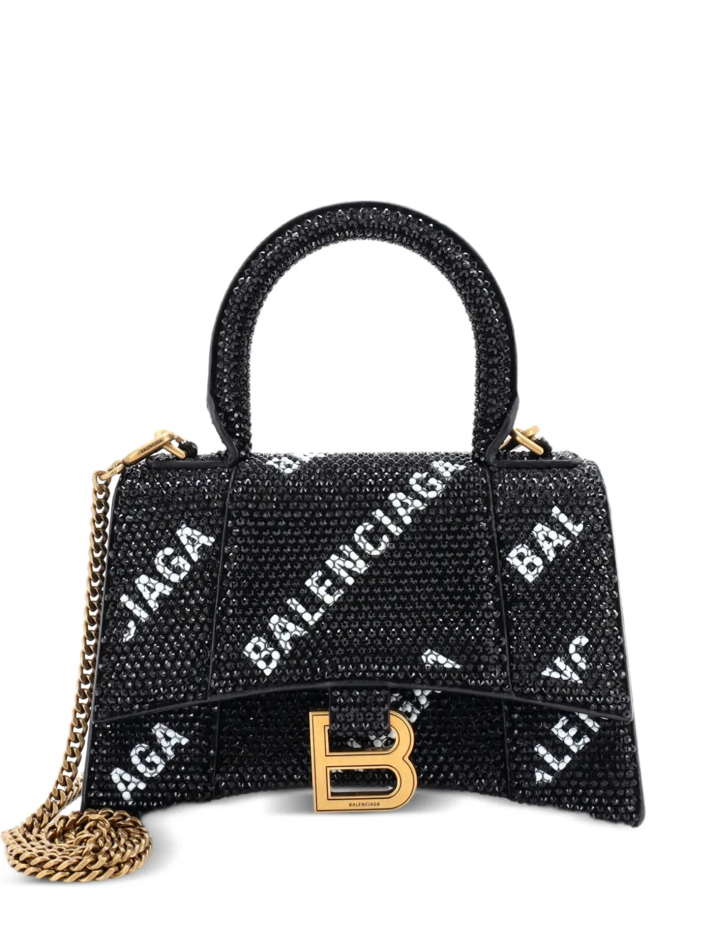 Balenciaga Pre-Owned Hourglass Top Handle Bag Suede and Allover Logo Crystals XS satchel - Nero
