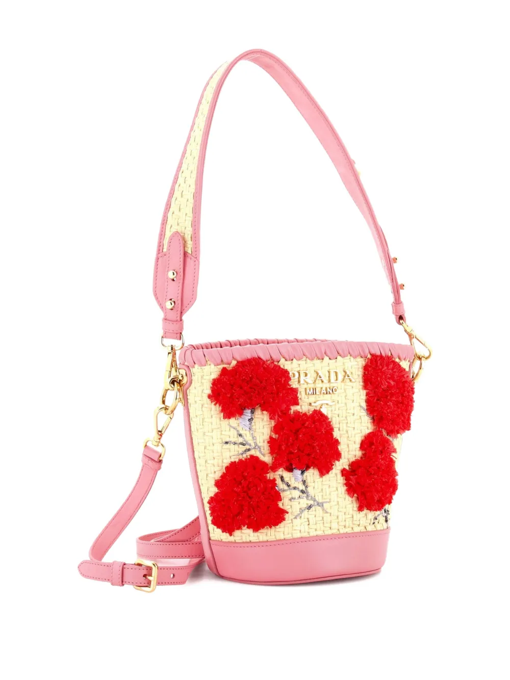 Pre-owned Prada Woven Raffia With Leather With Applique Small Bucket Bag In Neutral