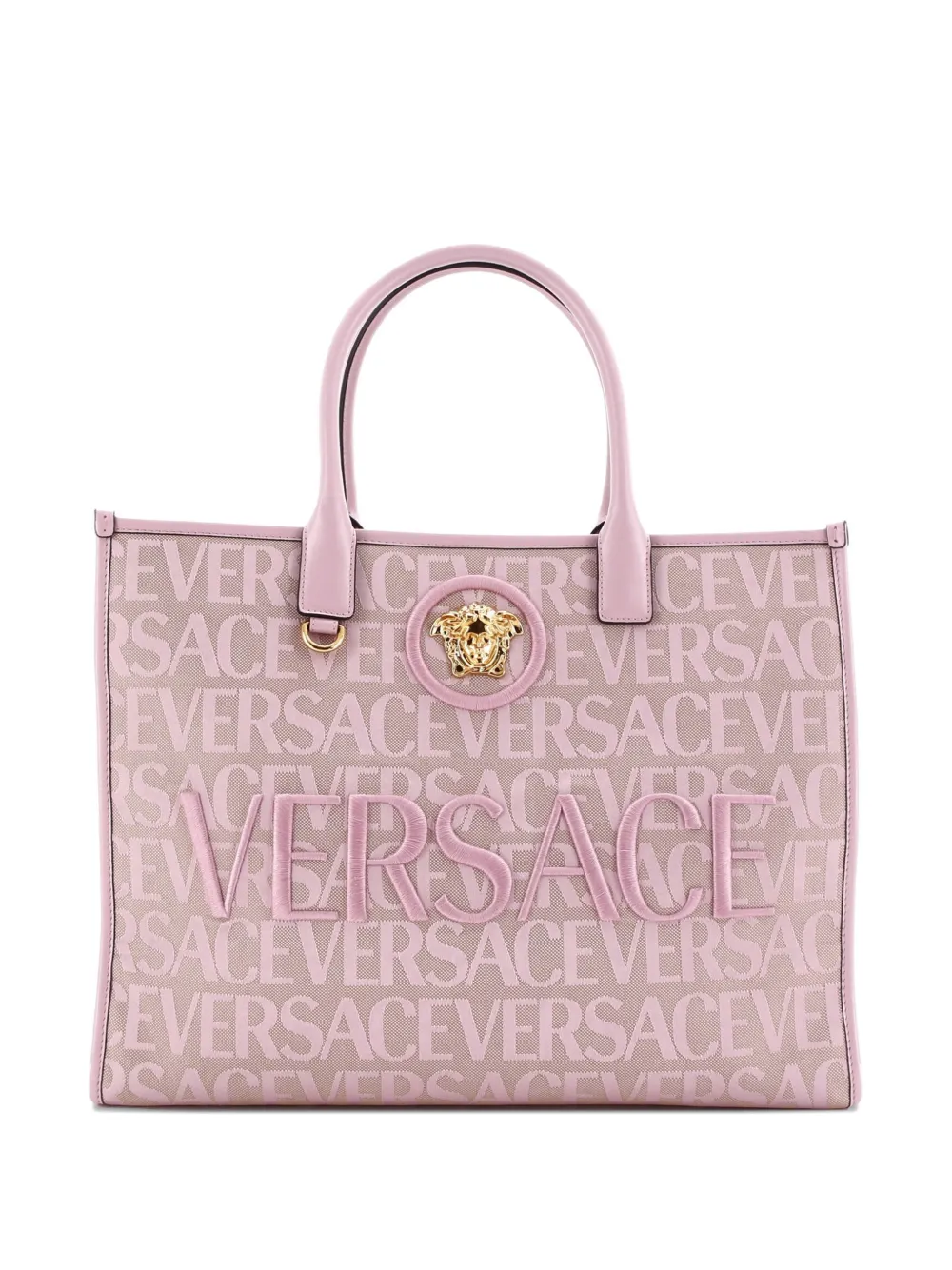 Pre-owned Versace La Medusa All Over Logo Canvas Large Tote Bag In Pink