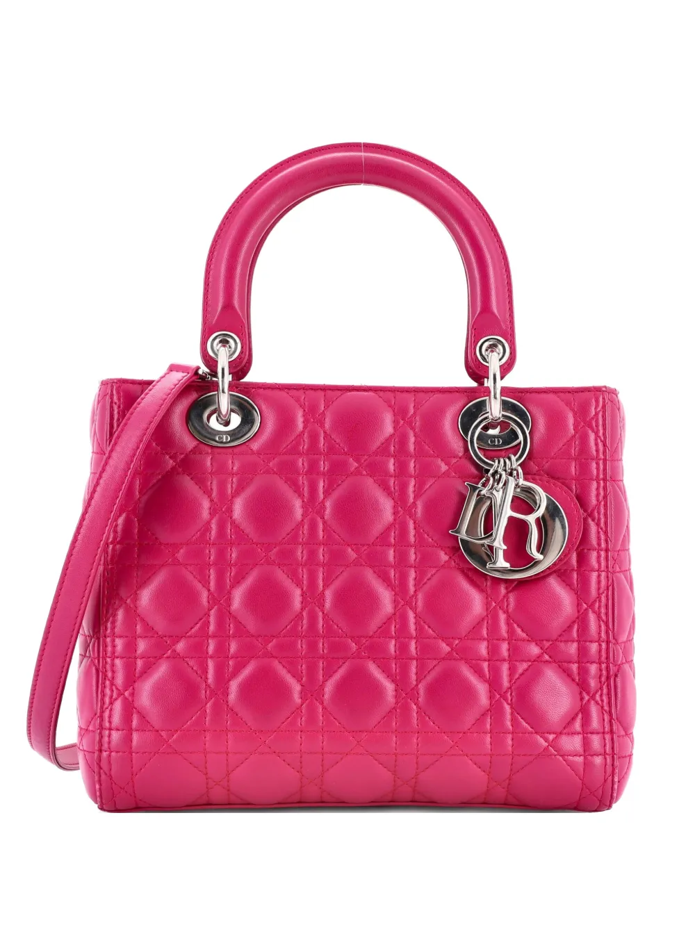 Pre-owned Dior Lady Bag Cannage Quilt Lambskin Medium Satchel In Pink