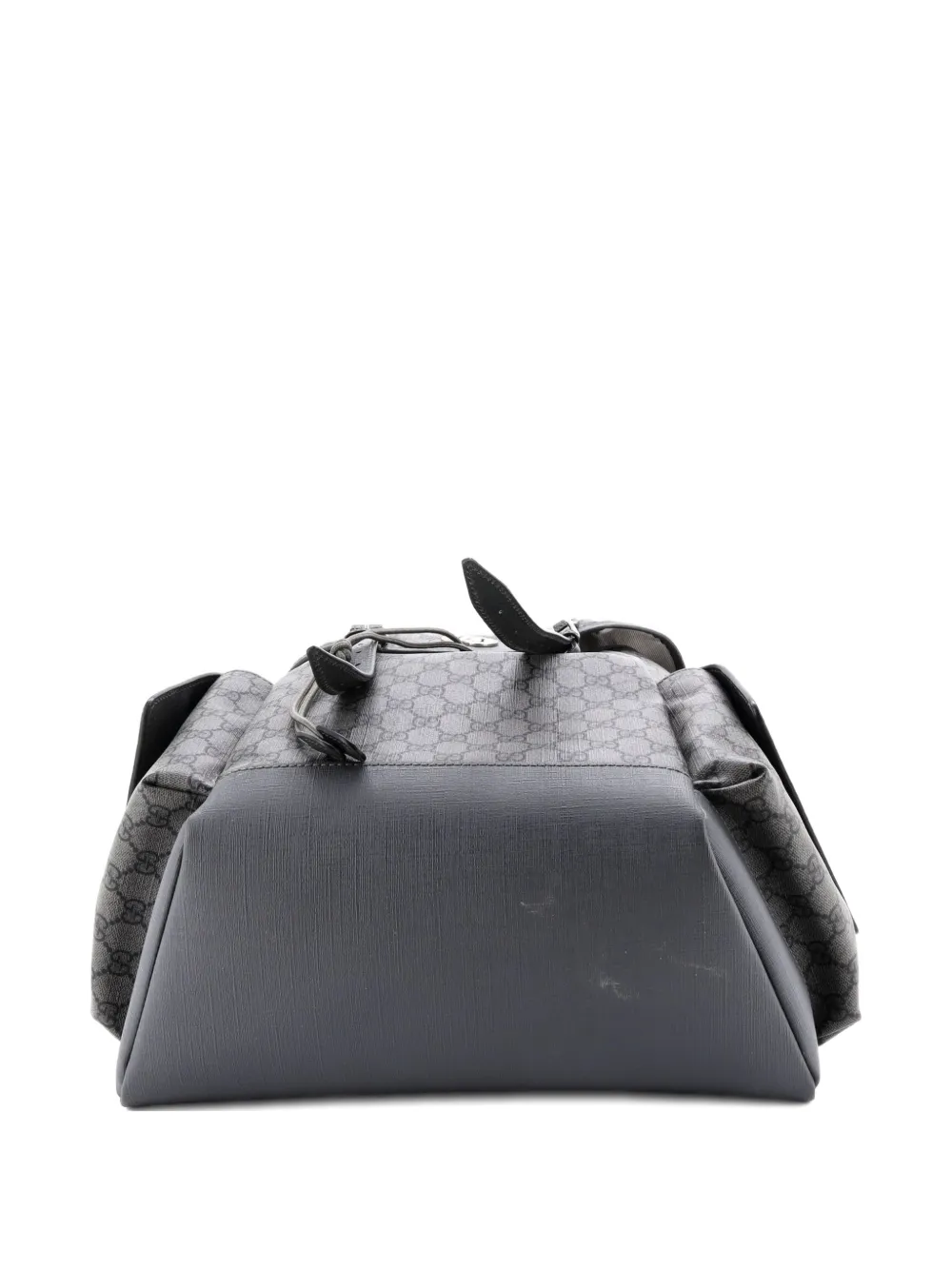 Click to view more detailed imagery on our partner's website Pre-owned Gucci Double Pocket Buckle Printed Gg Coated Canvas Large Backpack In Gray