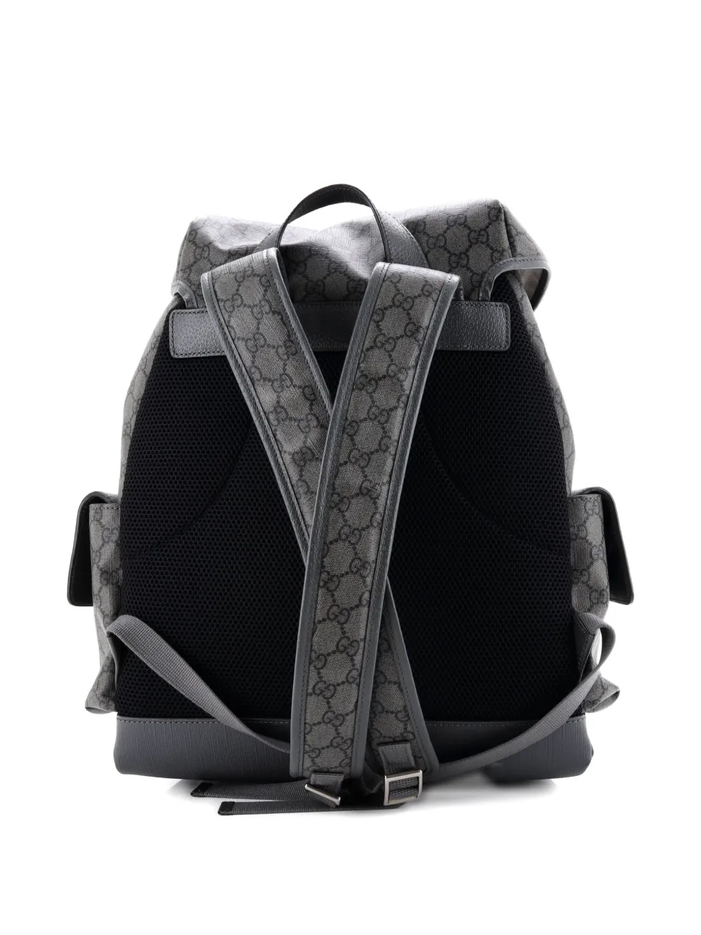 GUCCI Pre-owned Double Pocket Buckle Printed Gg Coated Canvas Large Backpack In Gray