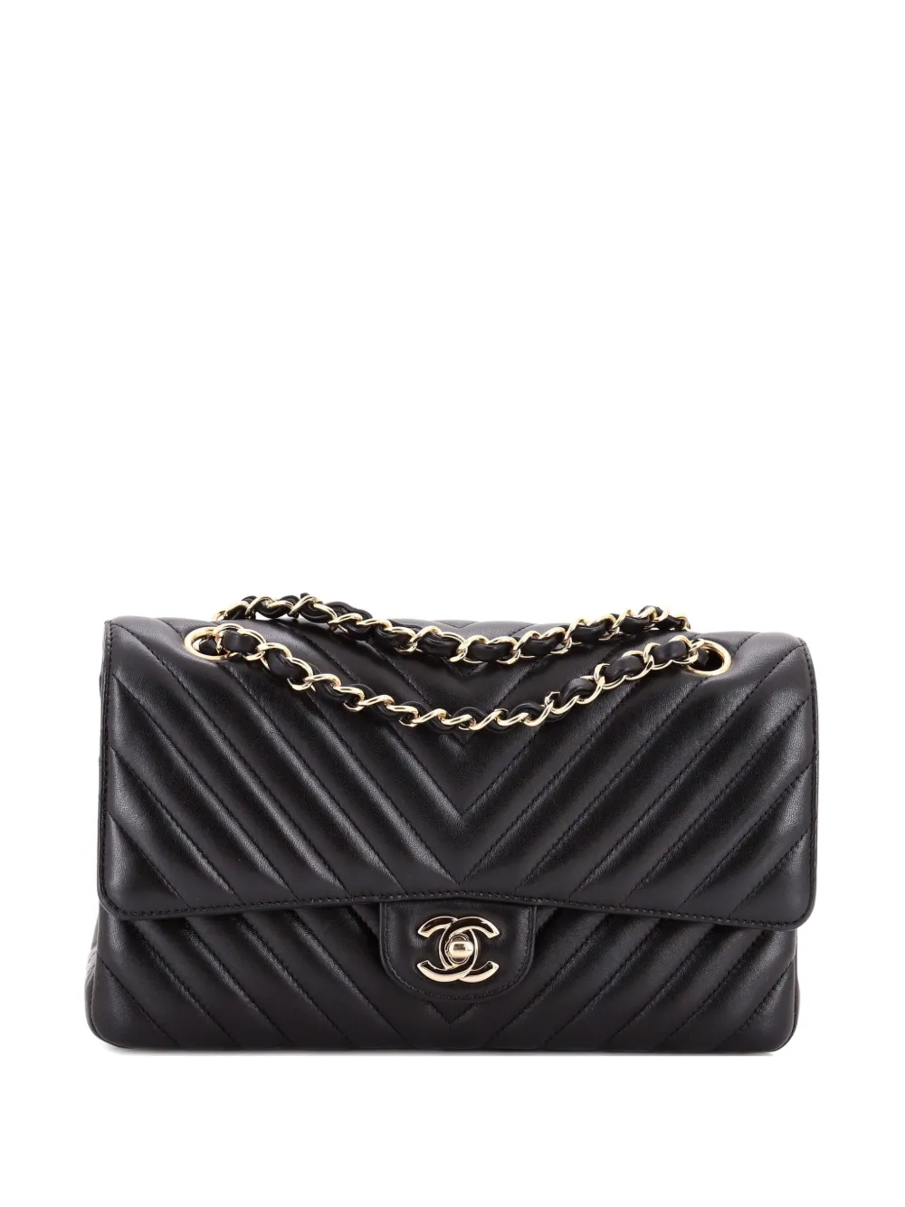 Pre-owned Chanel Classic Double Flap Bag Chevron Lambskin Medium Shoulder Bag In Black