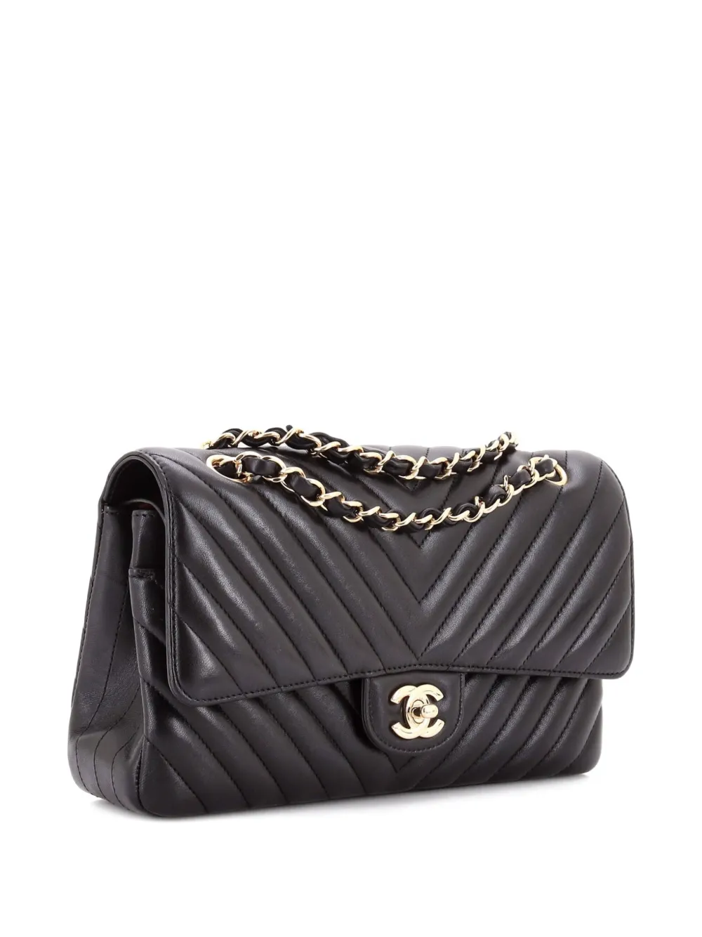 Pre-owned Chanel Classic Double Flap Bag Chevron Lambskin Medium Shoulder Bag In Black