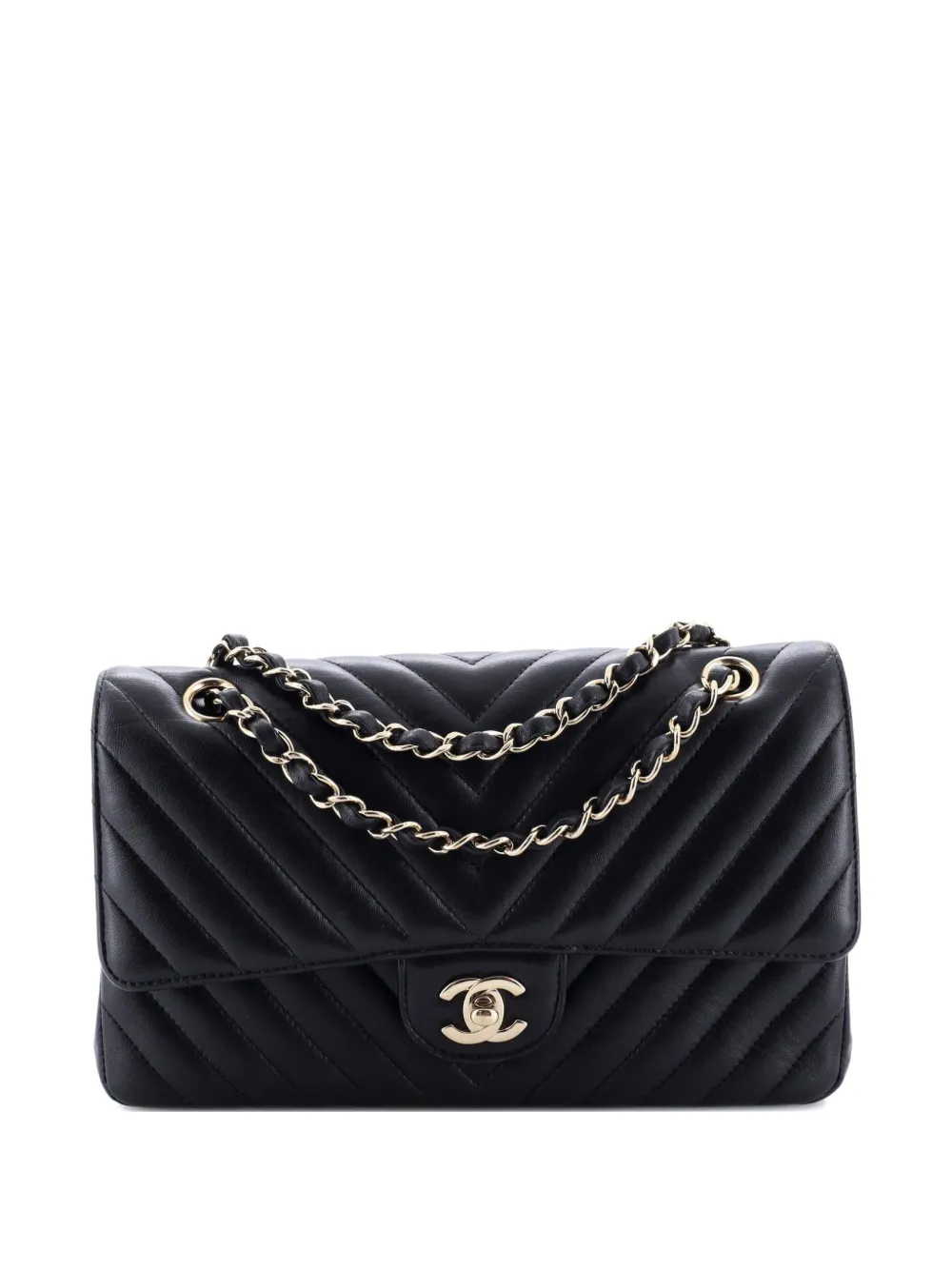 Pre-owned Chanel Classic Double Flap Bag Chevron Lambskin Medium Shoulder Bag In Black