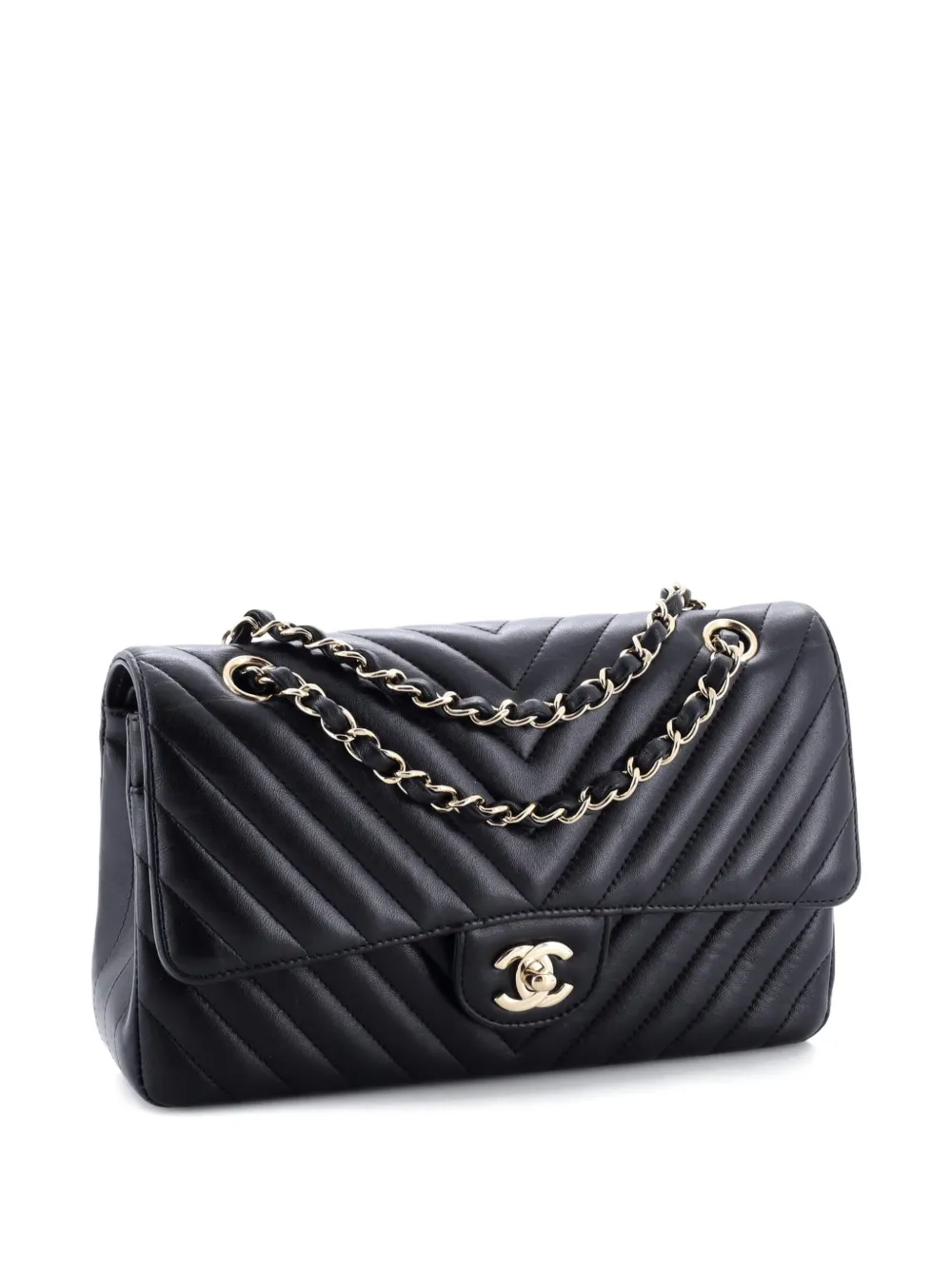Pre-owned Chanel Classic Double Flap Bag Chevron Lambskin Medium Shoulder Bag In Black