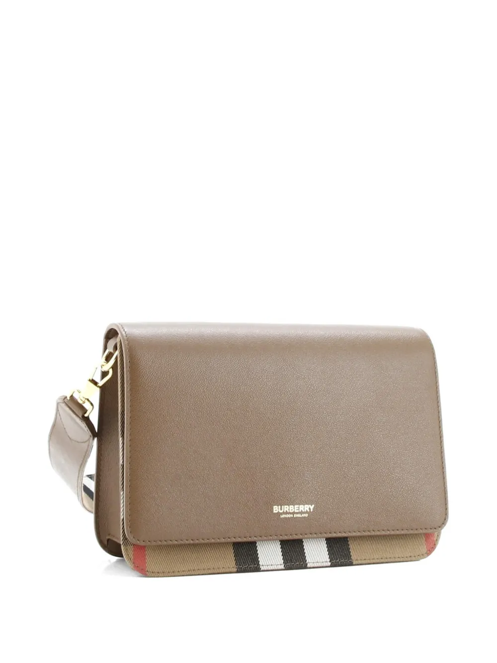 Pre-owned Burberry Mackford Leather And House Check Canvas Small Shoulder Bag In Brown