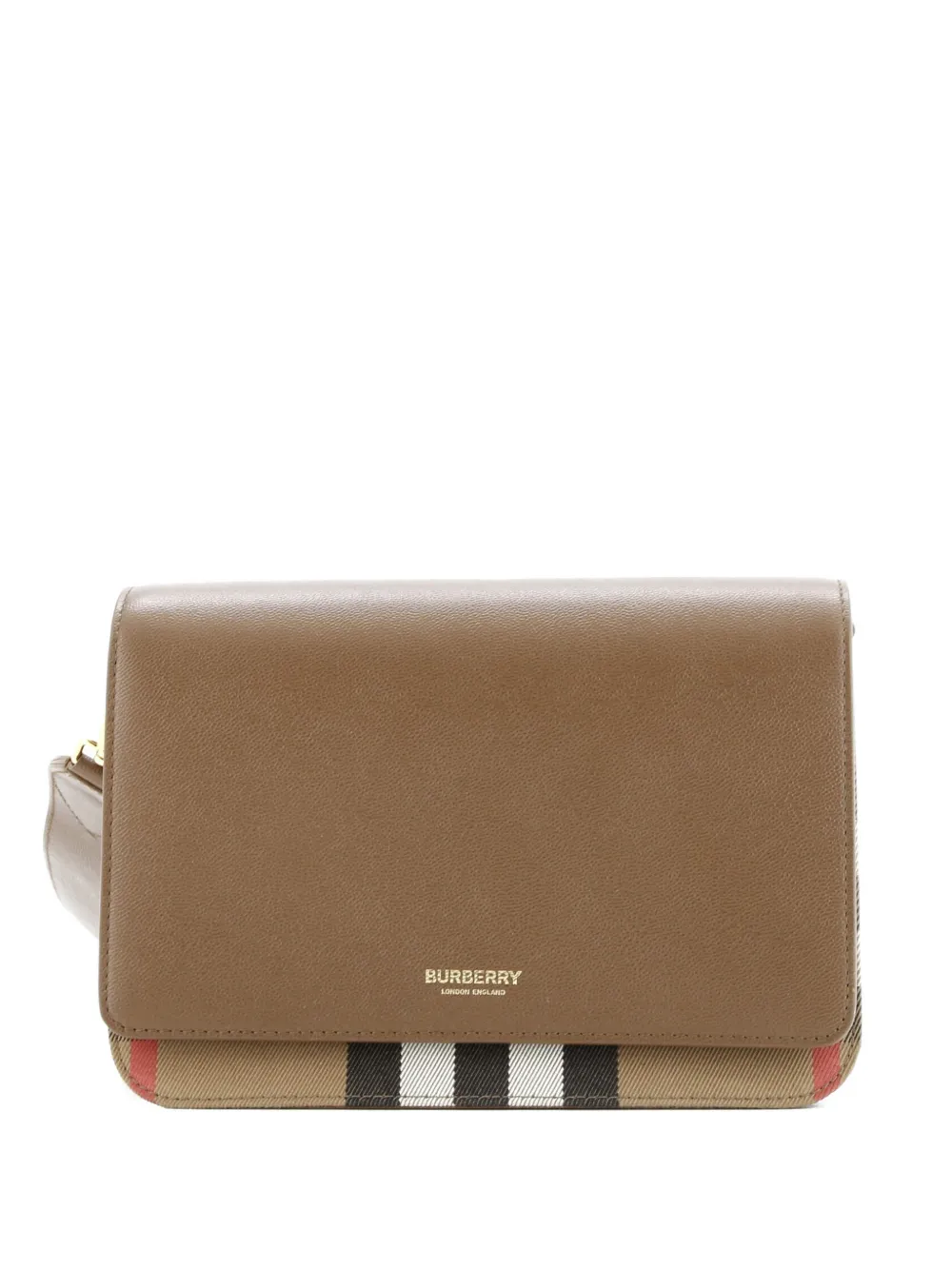 Pre-owned Burberry Mackford Leather And House Check Canvas Small Shoulder Bag In Brown