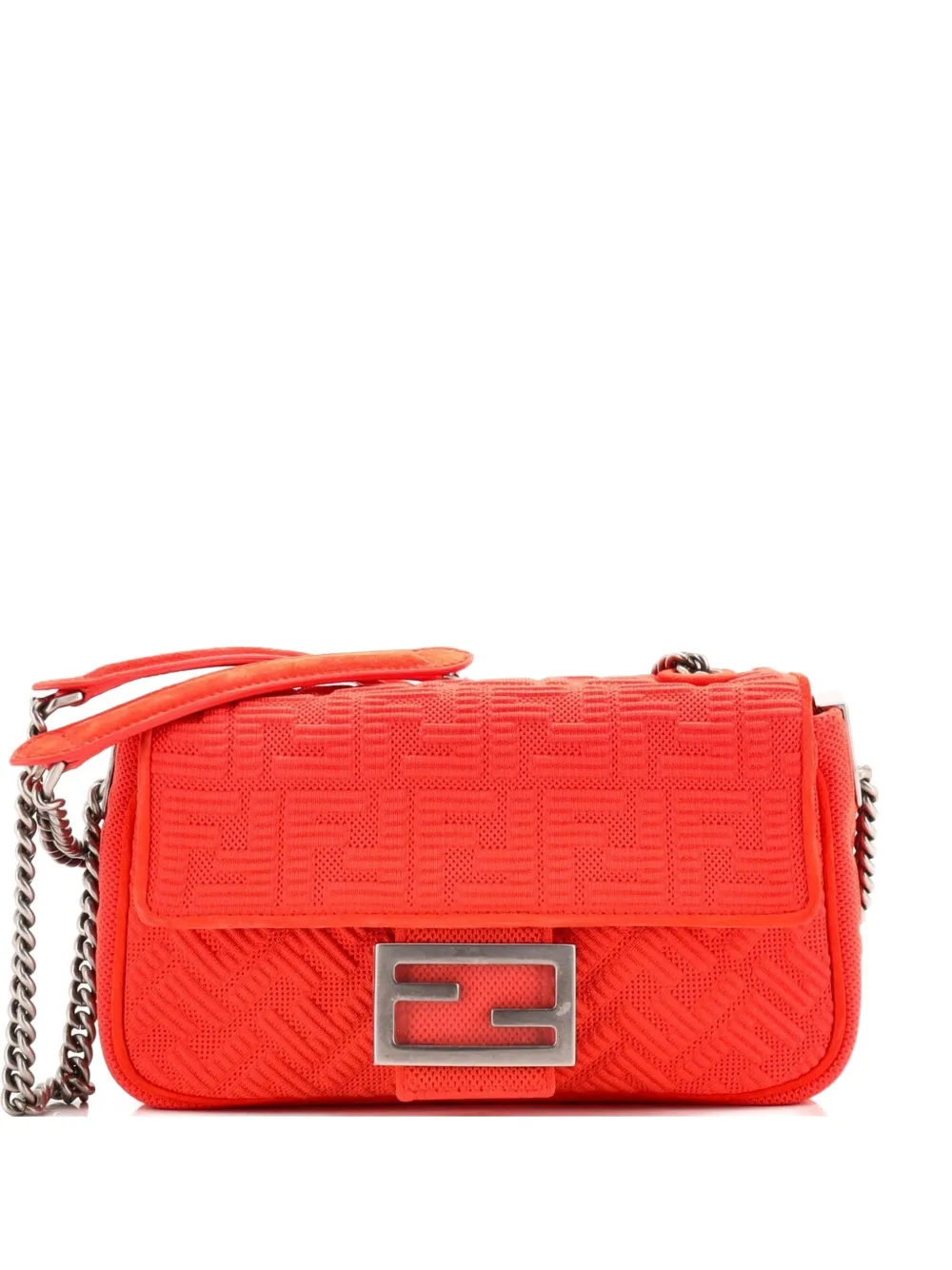 Pre-owned Fendi Midi Baguette Chain Bag Zucca Technical Mesh Medium Shoulder Bag In Orange