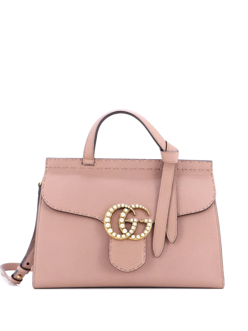 Pre-owned Gucci Pearly Gg Marmont Top Handle Bag Leather Small Satchel In Neutral