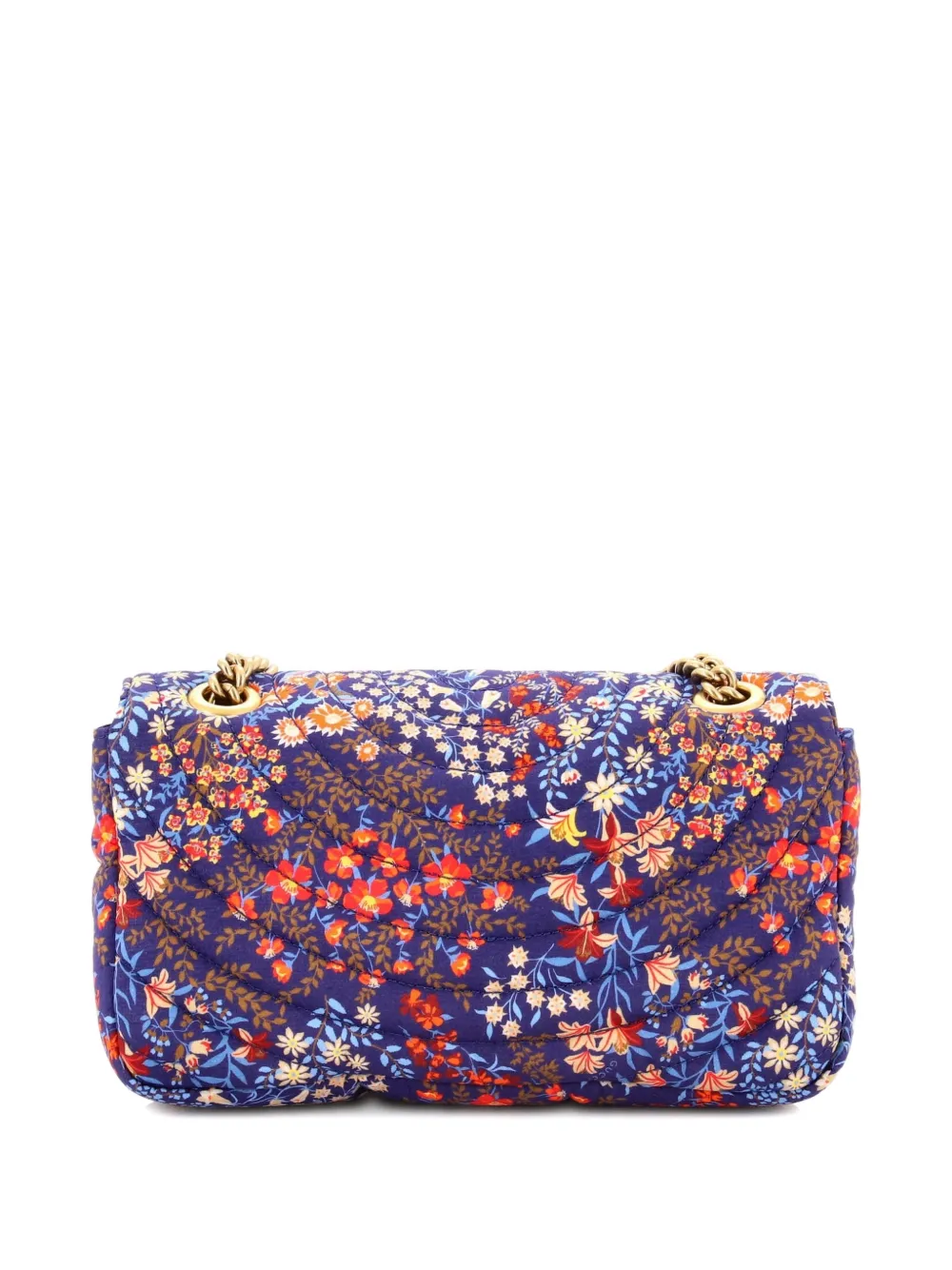 Pre-owned Gucci Gg Marmont Flap Bag Floral Print Cotton Small Shoulder Bag In Blue