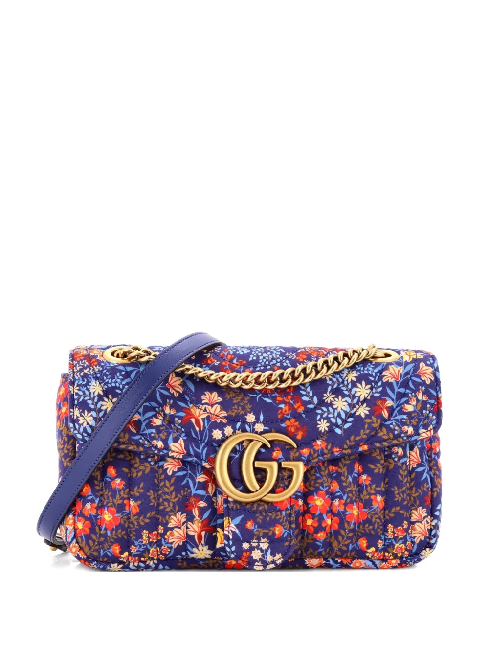 Pre-owned Gucci Gg Marmont Flap Bag Floral Print Cotton Small Shoulder Bag In Blue