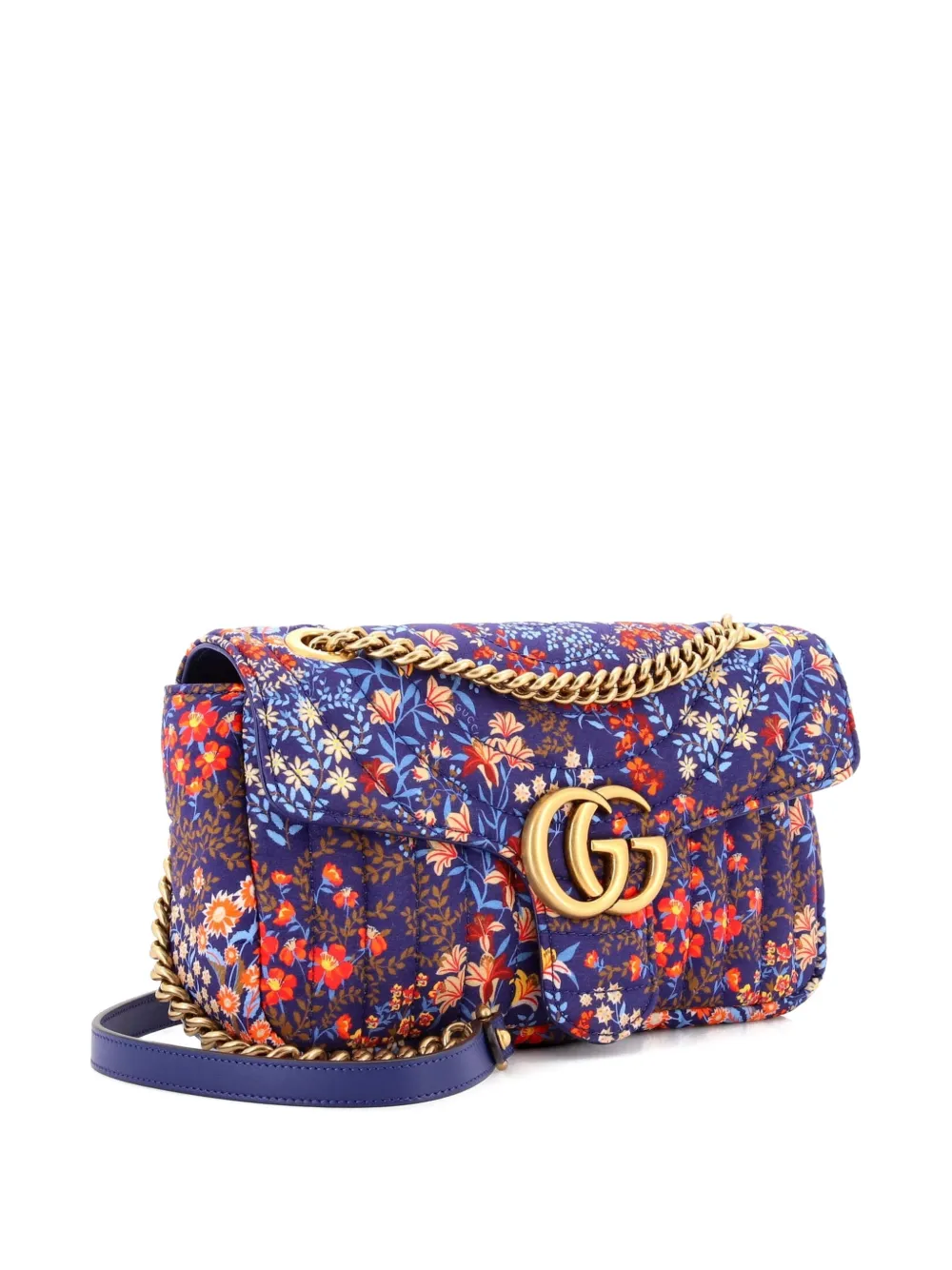 Pre-owned Gucci Gg Marmont Flap Bag Floral Print Cotton Small Shoulder Bag In Blue