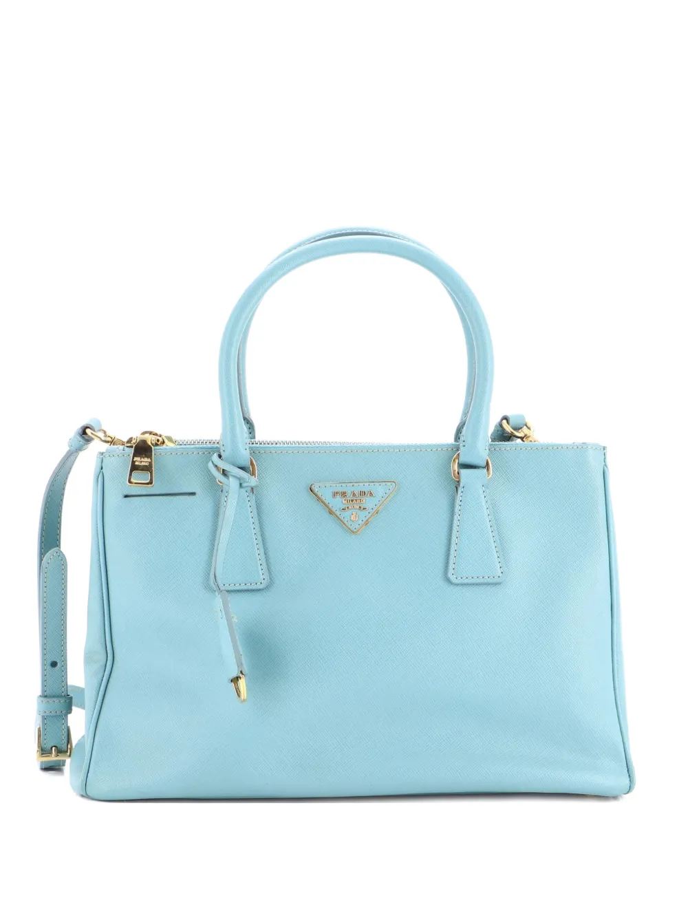 Pre-owned Prada Double Zip Lux Saffiano Leather Small Tote Bag In Blue