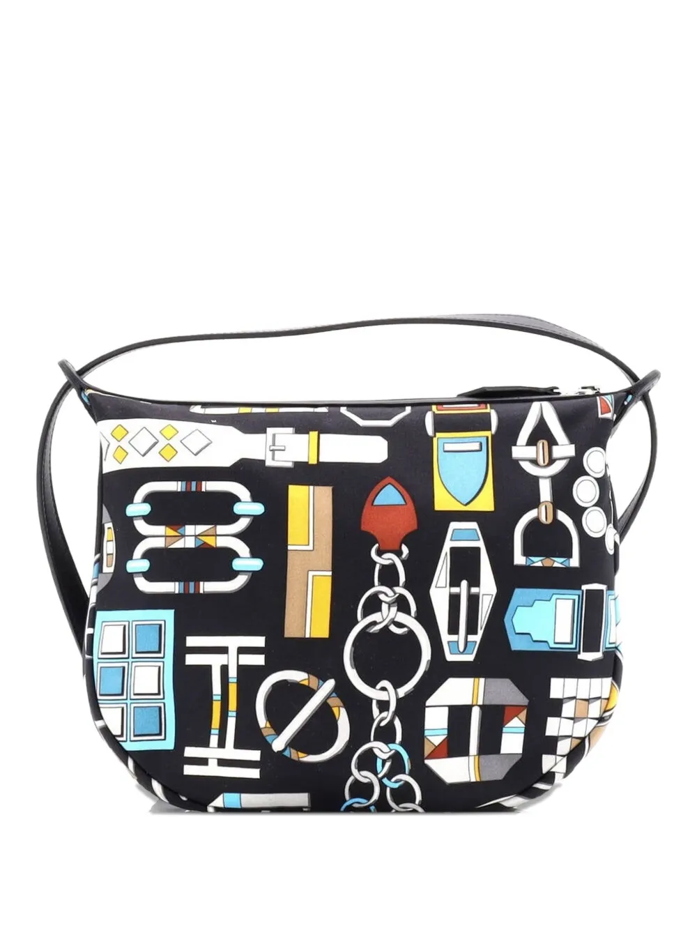 Pre-owned Hermes Sursoie To Go Pouch Printed Silk And Leather Shoulder Bag In Black