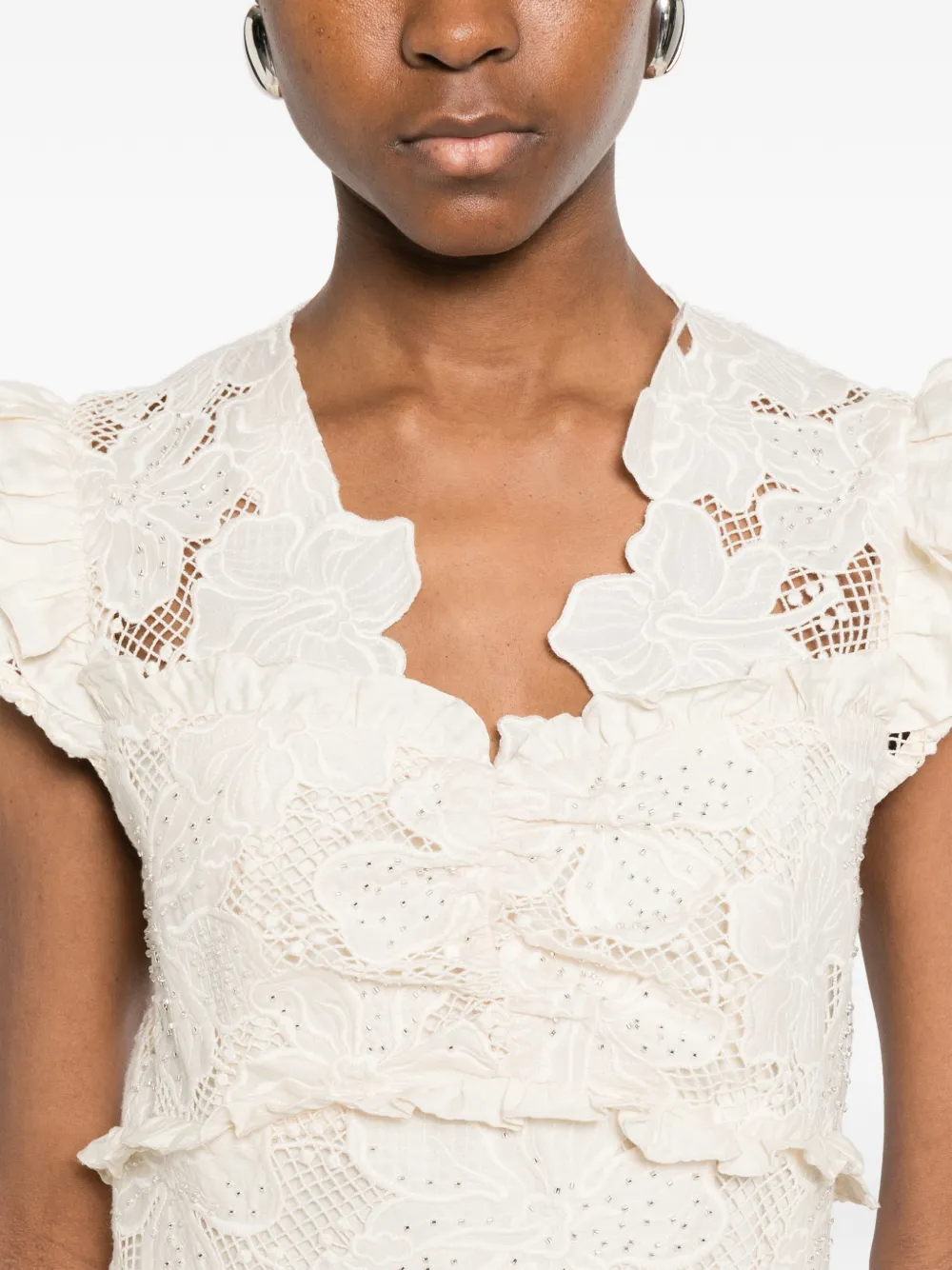 SANDRO Mini-jurk met geborduurde bloemen en kanten detail Beige