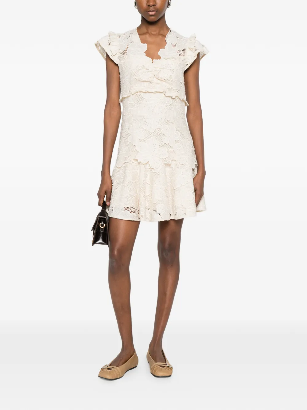 SANDRO Mini-jurk met geborduurde bloemen en kanten detail Beige