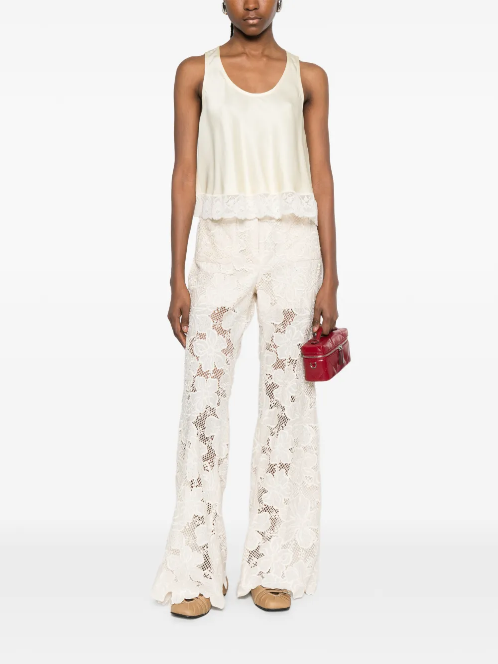 SANDRO Broek met geborduurde bloemen en kant Beige