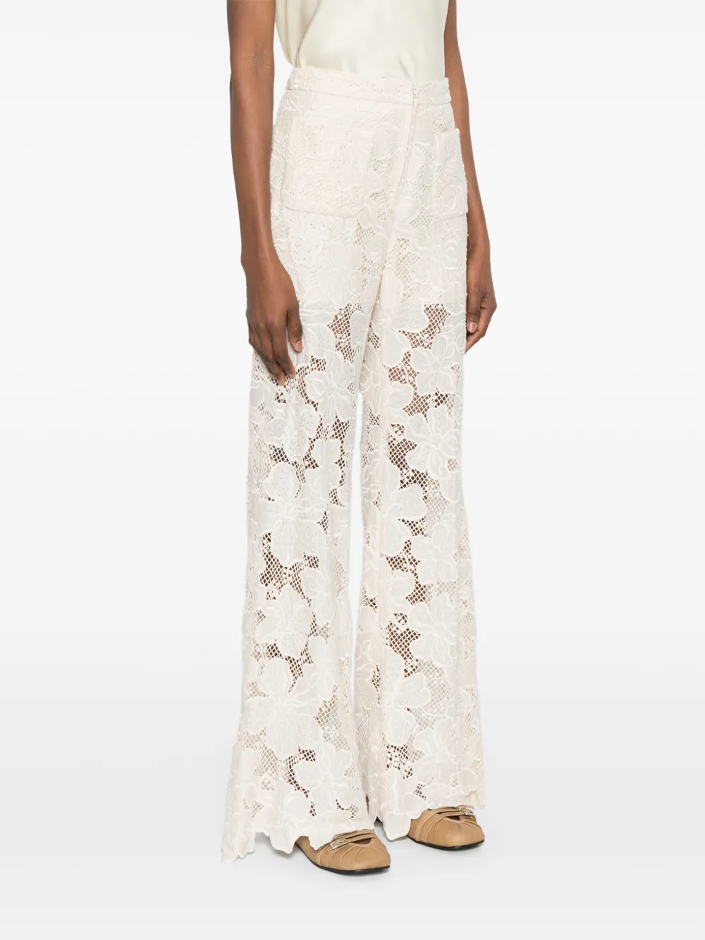 SANDRO Broek met geborduurde bloemen en kant Beige