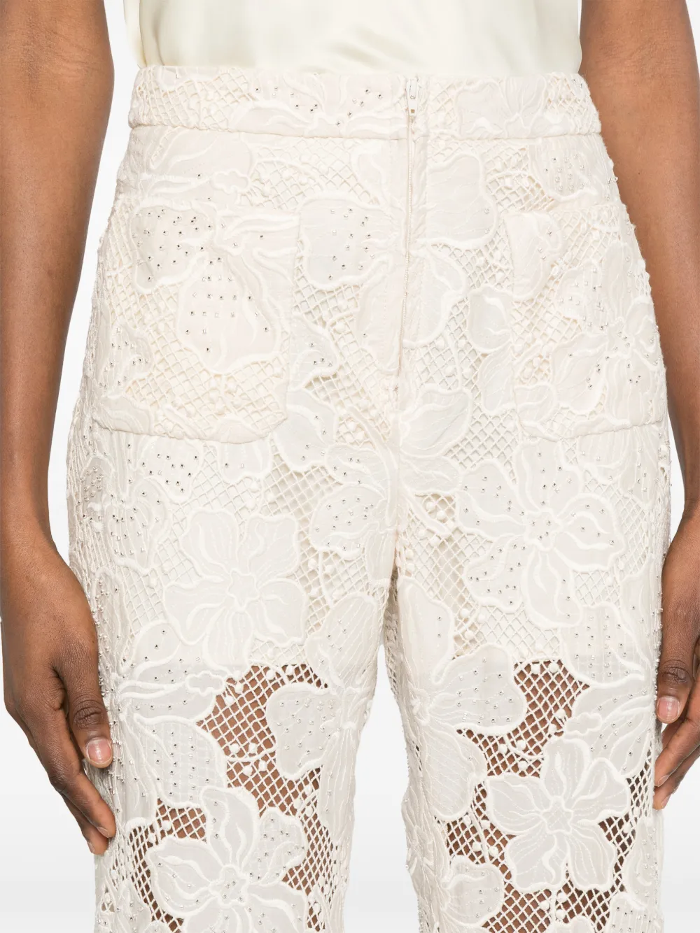 SANDRO Broek met geborduurde bloemen en kant Beige