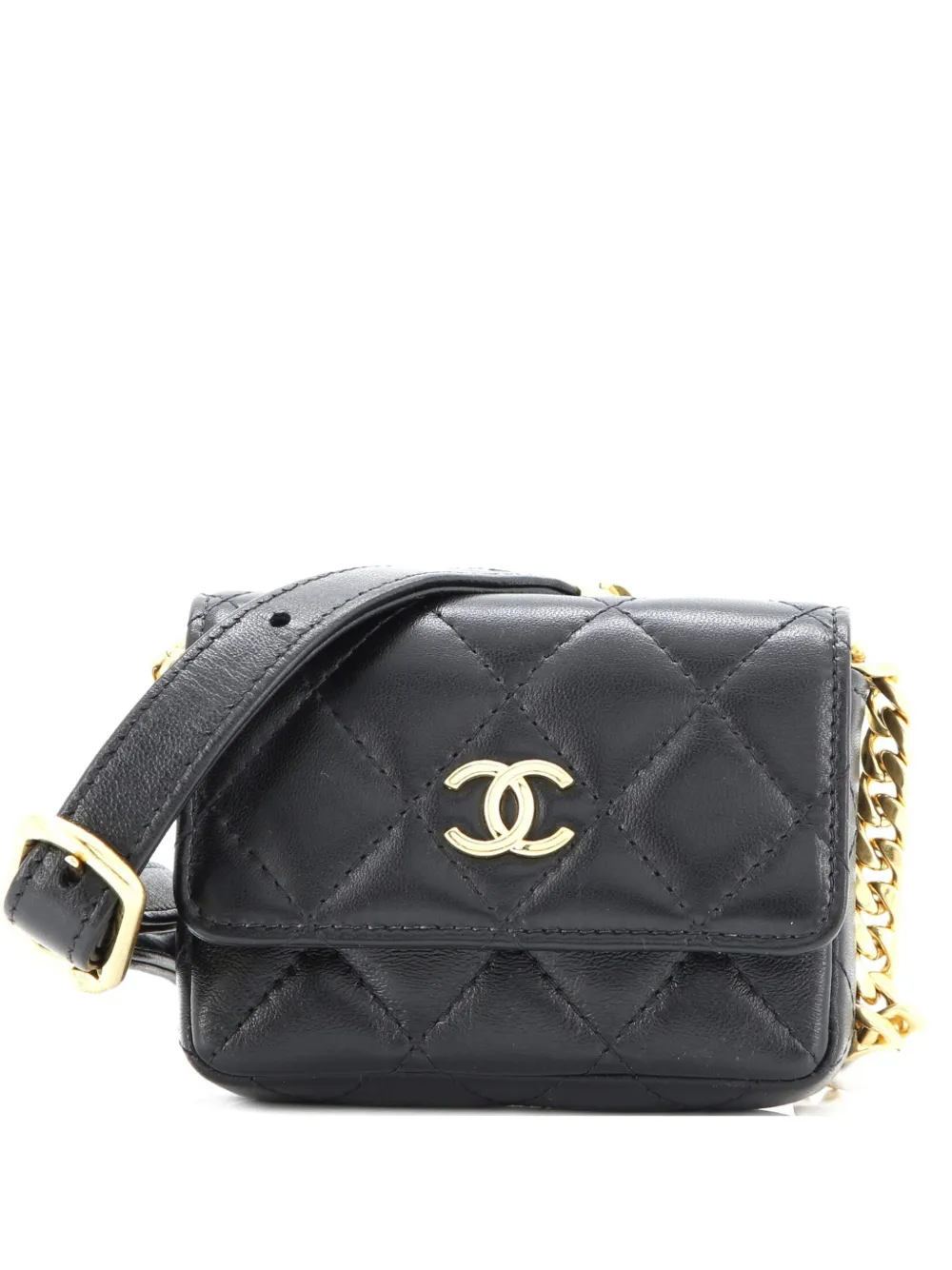 Pre-owned Chanel Cc Flap Resin Pearl Chain Quilted Lambskin Mini Belt Bag In Black