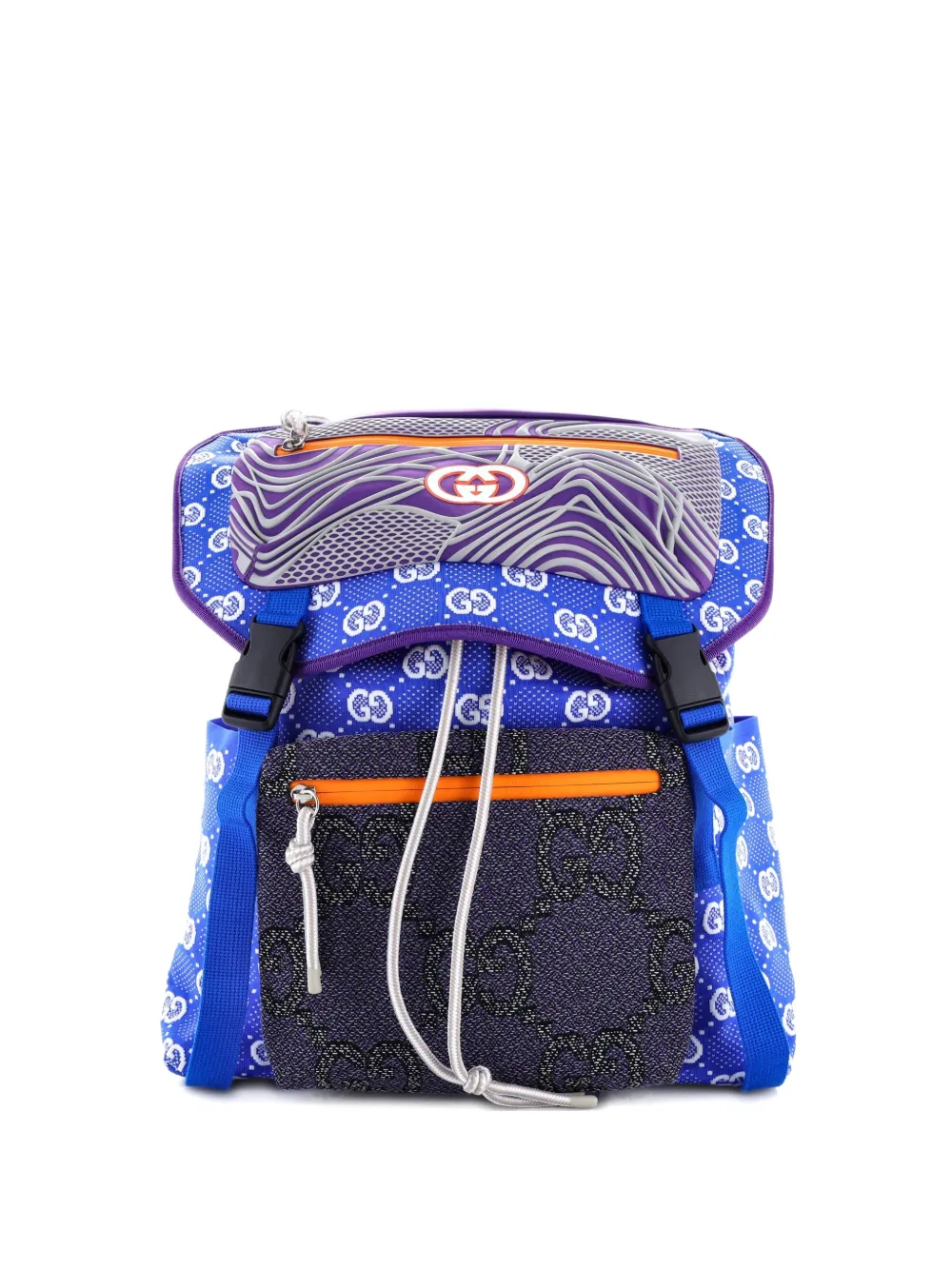 Pre-owned Gucci Panelled Double Buckle Gg Jacquard Nylon And Rubber Large Backpack In Blue