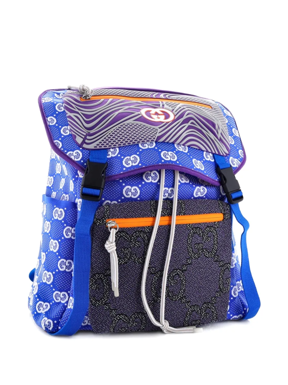 Pre-owned Gucci Panelled Double Buckle Gg Jacquard Nylon And Rubber Large Backpack In Blue