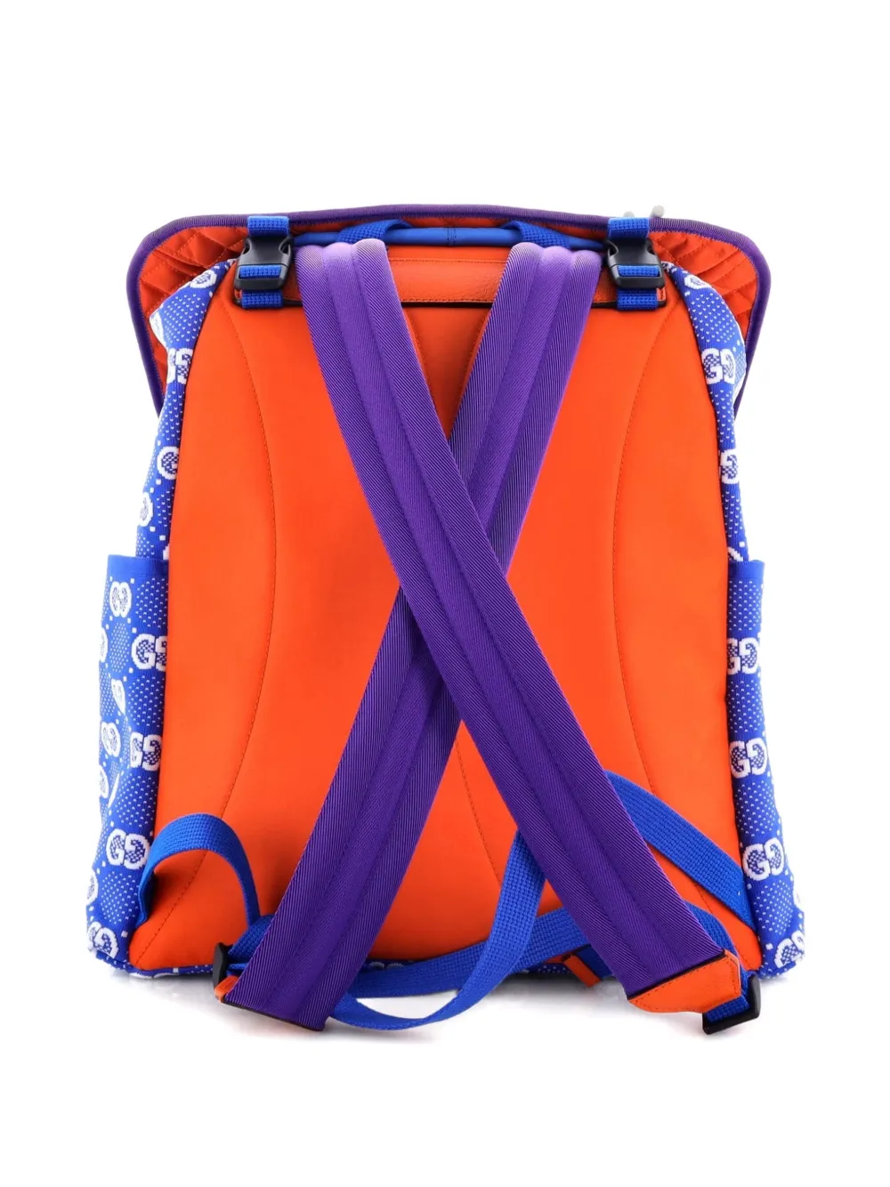 Pre-owned Gucci Panelled Double Buckle Gg Jacquard Nylon And Rubber Large Backpack In Blue