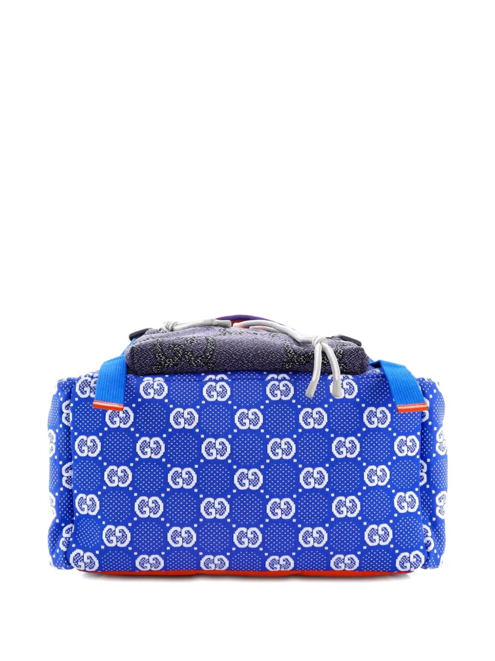 Pre-owned Gucci Panelled Double Buckle Gg Jacquard Nylon And Rubber Large Backpack In Blue