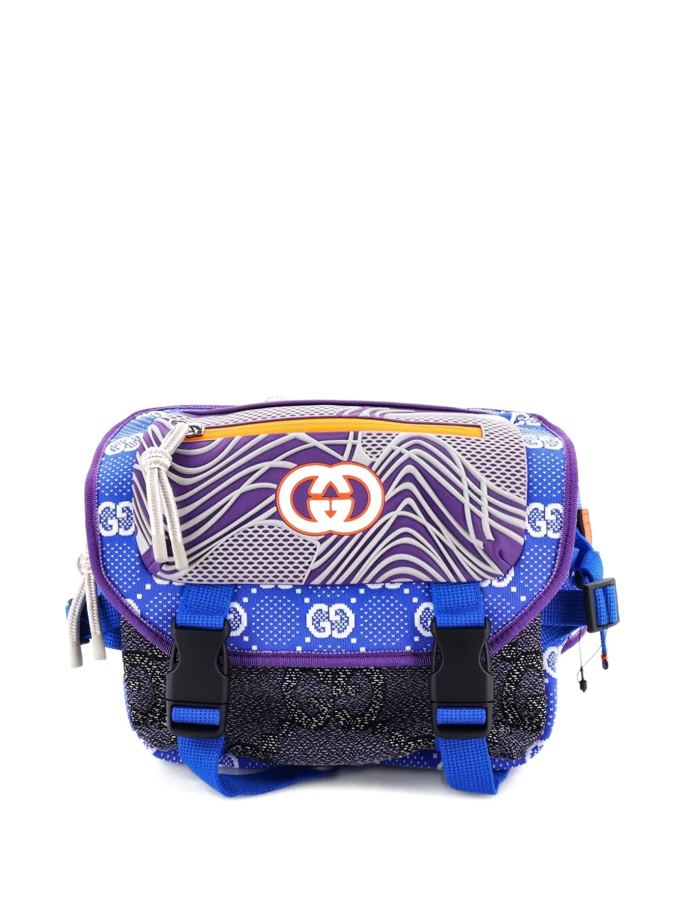 Pre-owned Gucci Buckle Flap Chest Strap Gg Fabric With Rubber Backpack In Blue