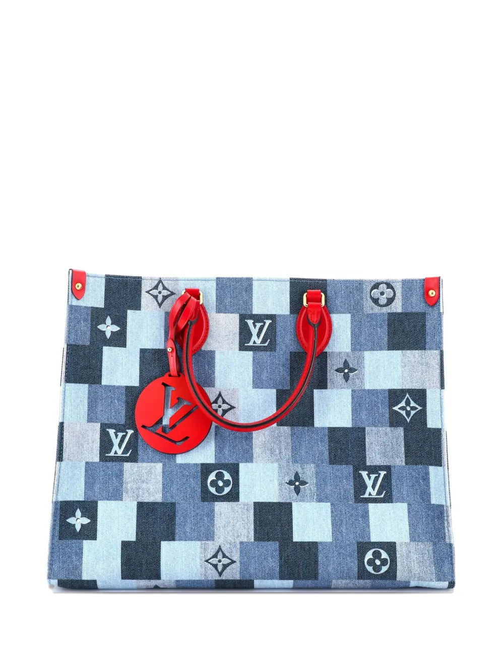 Pre-owned Louis Vuitton Onthego Damier And Monogram Patchwork Denim Gm Tote Bag In Blue