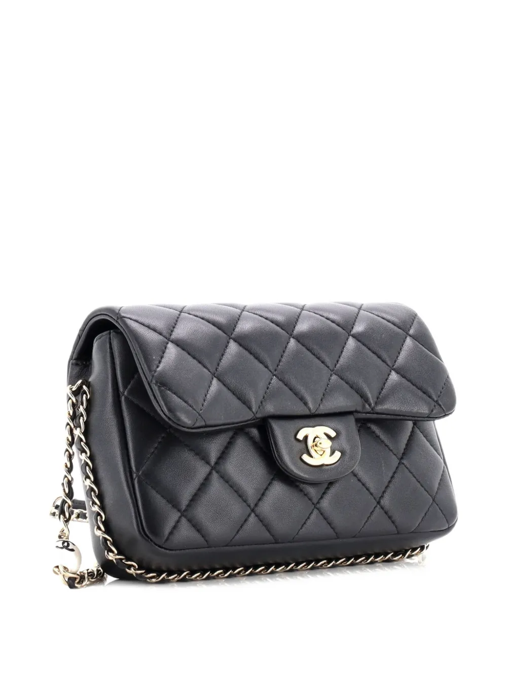 Pre-owned Chanel My Precious Pearls Chain Flap Bag Quilted Lambskin Medium Crossbody Bag In Black
