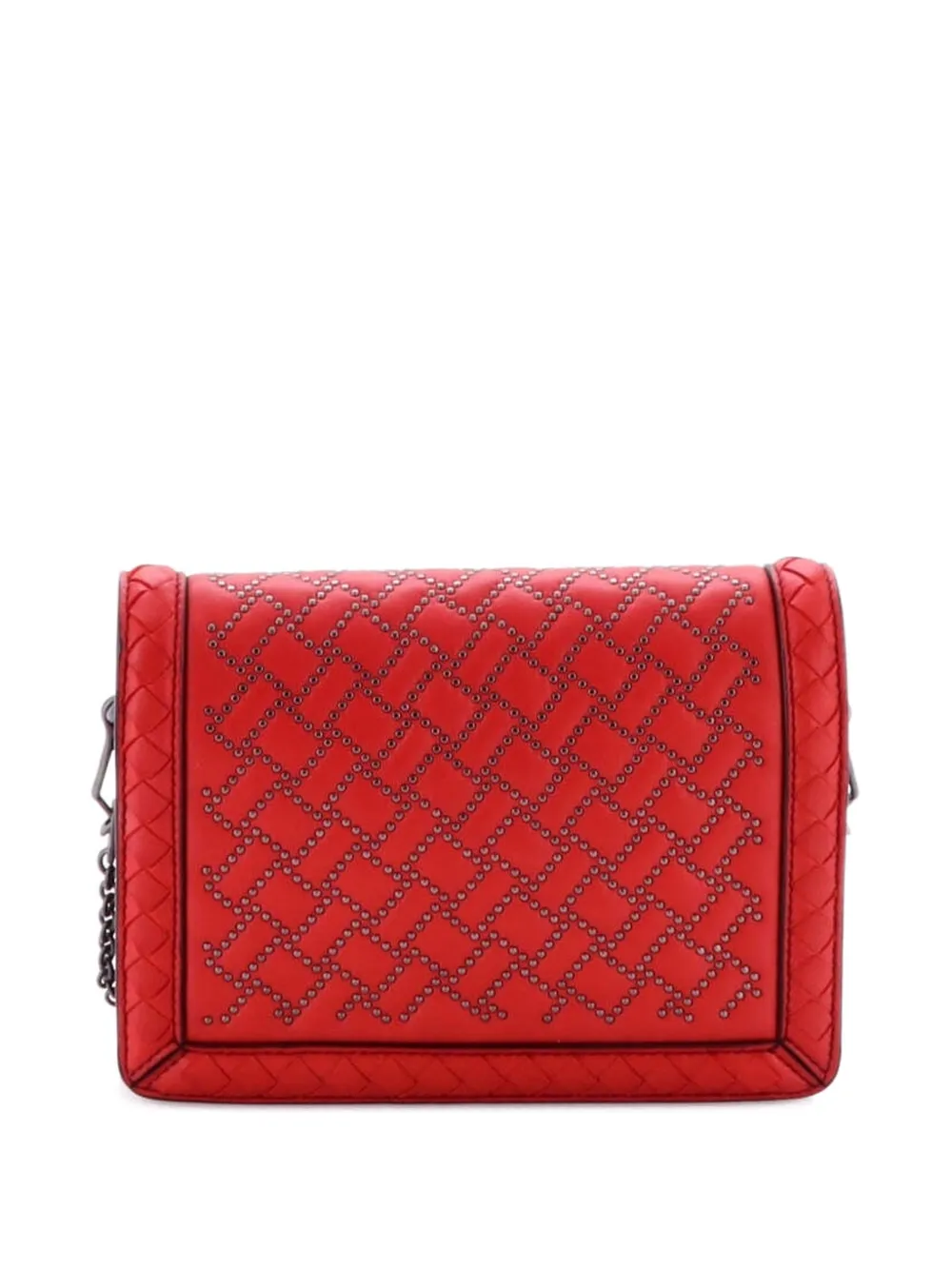 Pre-owned Bottega Veneta Montebello Flap Bag Studded Leather With Intrecciato Detail Mini Clutch Bag In Red
