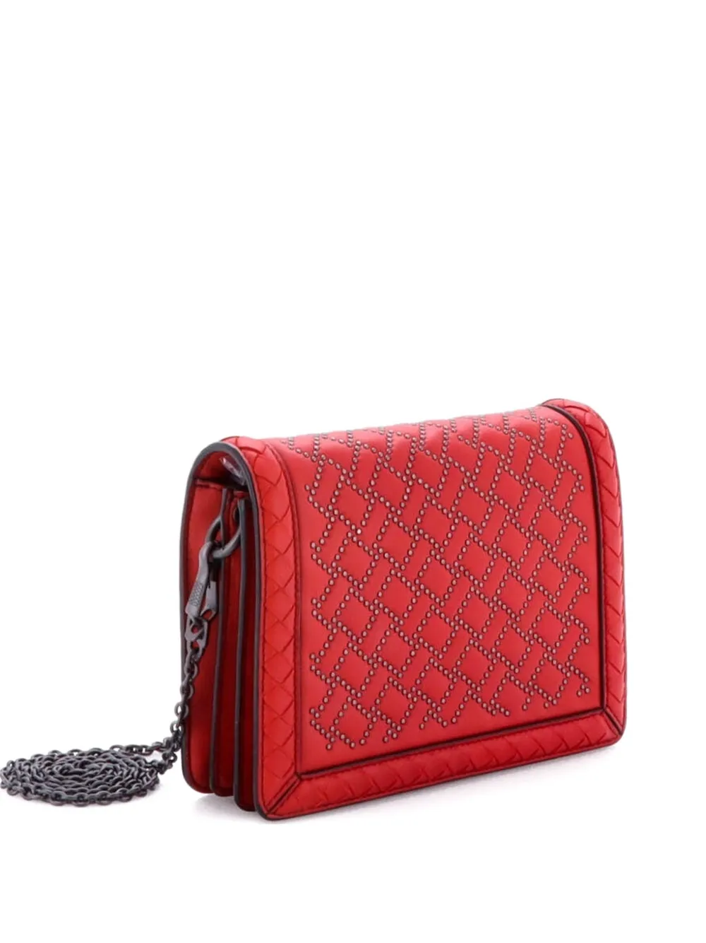 Pre-owned Bottega Veneta Montebello Flap Bag Studded Leather With Intrecciato Detail Mini Clutch Bag In Red