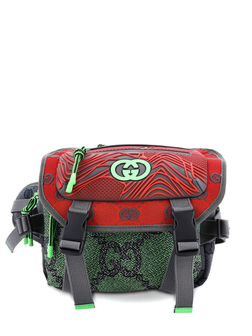 Pre-owned Gucci Buckle Flap Chest Strap Gg Fabric With Rubber Backpack In Gray