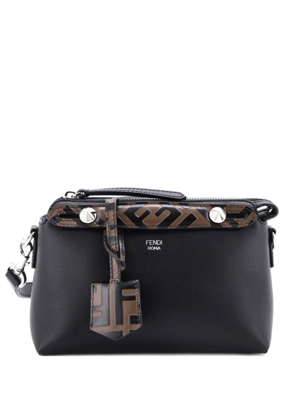 Pre-owned Fendi By The Way Leather With Zucca Embossed Detail Mini Satchel In Black
