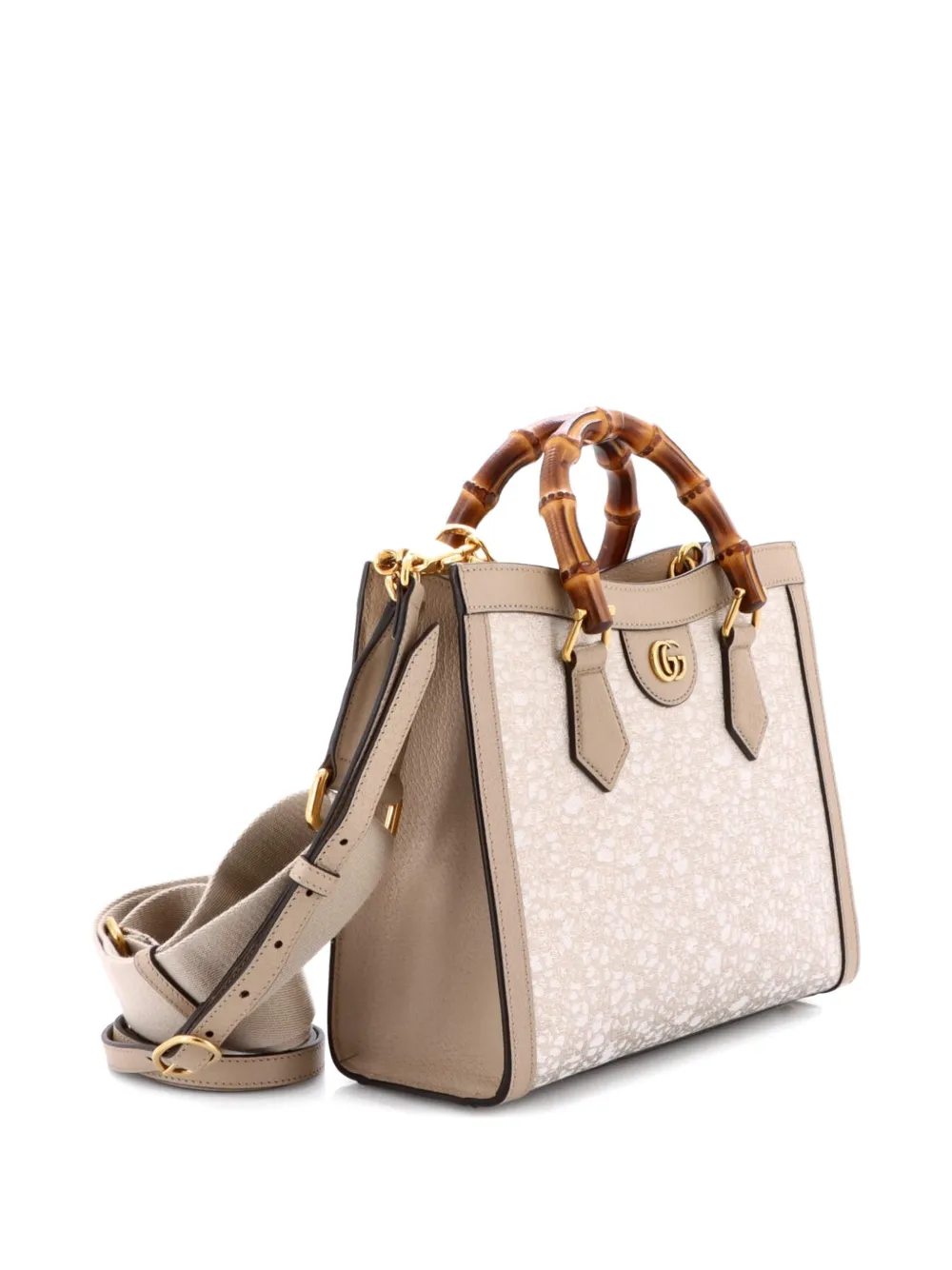 Pre-owned Gucci Diana Nm Bamboo Handle Nishijin Gg Silk Textile And Leather Small Tote Bag In Neutral