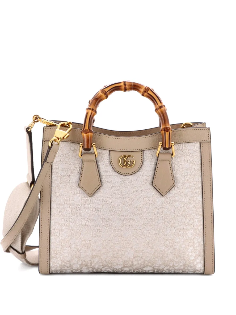 Pre-owned Gucci Diana Nm Bamboo Handle Nishijin Gg Silk Textile And Leather Small Tote Bag In Neutral
